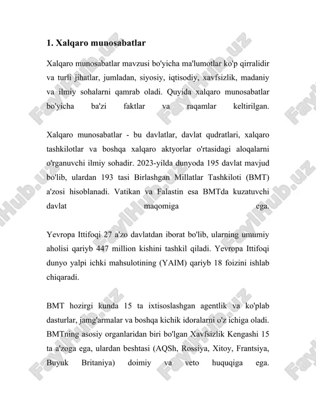 eradi: ### diplomatik aloqalar #### 1. umumiy ma'lumot diplomatik aloqalar davlatlar o‘rtasida siyosiy, iqtisodiy, madaniy va boshqa sohalarda olib boriladigan rasmiy munosabatlar majmuasi hisoblanadi. ular odatda elchixonalar, konsulliklar va boshqa turli darajadagi vakolatxonalar orqali amalga oshiriladi. dunyo miqyosida birlashgan millatlar tashkiloti (bmt), yevropa ittifoqi (yi), xalqaro valyuta jamg‘armasi (xvj) va jahon savdo tashkiloti (jst) kabilari diplomatik aloqalar va xalqaro siyosatni shakllantiruvchi muhim tashkilotlardir. #### 2. davlatlar o‘rtasida elchixonalar soni o‘zbekiston diplomatik aloqalarni rivojlantirishda faol ishtirok etadi. jumladan, mamlakat 2021 yil holatiga ko‘ra 130 dan ortiq davlatlar bilan diplomatik aloqalar o‘rnatgan. o‘zbekistonning qariyb 50 ta mamlakatda elchixonasi faoliyat yuritmoqda. dunyo bo‘yicha esa birlashgan davlatlar elchixonalari eng ko‘p bo‘lib, aqshning taxminan 190 ta mamlakatda elchixonalari mavjud. xitoyning ham diplomatik aloqalari keng bo‘lib, u global miqyosda taxminan 169 ta elchixonaga ega. #### 3. konsulliklar va ularning ahamiyati konsulliklar ham diplomatik aloqalar tizimining muhim qismi bo'lib, bir davlatning fuqarolariga boshqa davlatda yordam berish va …