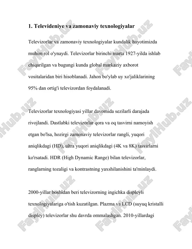 ishlab chiqishda davom etmoqda. 2. o‘zbekiston televideniyesining rivojlanish tarixi o‘zbekiston televideniyesining rivojlanish tarixi: o‘zbekiston televideniyesi o‘z faoliyatini 20-asrning o‘rtalarida boshlagan. o‘zbekiston ssr davrida, 1956-yil 5-noyabrda toshkentda birinchi televizion stansiya ishga tushirildi. bu o‘zbek televideniyesining dastlabki qadamlaridan biri hisoblanadi. dastlabki ko‘rsatuvlar haftada 2 marta va 2 soatdan davom etgan. signal hajmi 100 km radiusda tarqalgan. 1957-yilda o‘zbekiston televideniyesi o‘z dasturlarini haftada 5 marta va har kuni kechki soatlarda efirga uzatishni boshladi. 1958-yilga kelib, toshkentdan tashqari toshkent viloyatining ba'zi hududlarida ham efirga uzatiladigan bo‘ldi. 1966-yil 26-apreldagi toshkent zilzilasi paytida televideniye faoliyatida qisqa uzilishlar kuzatilgan bo‘lsa-da, dastur uzluksizligini tiklashga alohida e'tibor qaratildi. shu davrda televideniye tizimlarini modernizatsiya qilish ishlari boshlandi. 1970-yillarda o‘zbekistonning boshqa hududlarida ham televizion stansiyalar ochila boshlandi. masalan, 1974-yilda samarqandda, 1975-yilda buxoroda televizion markazlar ishga tushirildi. bu esa o‘zbekistonning qishloq hududlarida ham televideniyega bo‘lgan qiziqishni oshirdi. 1980-yillar o‘zbekiston televideniyesi uchun o‘sish va rivojlanish davri bo‘ldi. 1985-yilda respublika televideniyesi haftasiga 40 soatdan …