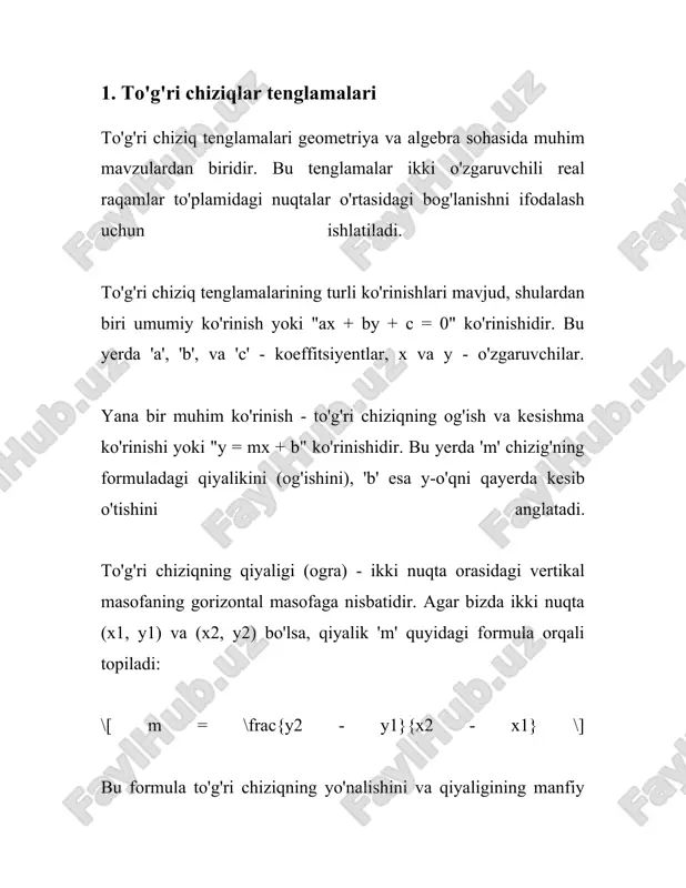 nglama shakli: \( x/a + y/b = 1 \) 3. yoyilish tenglamasi yoki y = mx + b shakli, bu yerda \( m \) - chiziqning yoyilish koeffitsienti, \( b \) esa y-o'qi bilan kesishish nuqtasi hisoblanadi. ikki chiziq, masalan \( l_1: a_1x + b_1y = c_1 \) va \( l_2: a_2x + b_2y = c_2 \), berilgan bo'lsin. ular kesishishi shartini quyidagicha ifodalashimiz mumkin: - agar determinant \( \delta = a_1b_2 - a_2b_1 \) nolga teng bo'lmasa (\( \delta \neq 0 \)), unda chiziqlar bir-birini bitta nuqtada kesib o'tadi. bu nuqta chiziqlar sistemasi uchun yagona yechim bo'ladi. kesishish nuqtasini aniqlash uchun quyidagi yo'lni tanlash mumkin: - ya’ni \( \delta \neq 0 \) bo'lsa, quyidagi ketma-ketlik yordamida x va y qiymatlarini topish mumkin: \[ x = \frac{c_1b_2 - c_2b_1}{a_1b_2 - a_2b_1} \] \[ y = \frac{a_1c_2 - a_2c_1}{a_1b_2 - a_2b_1} \] ushbu formulalar determinantning har xil arifmetik kombinatsiyasidan hosil bo'lgan …