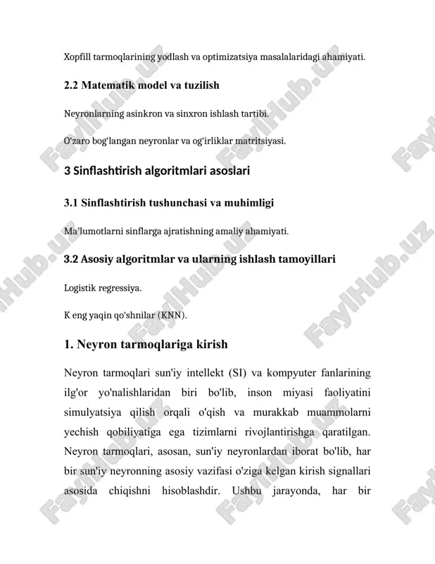 ollarda 99% xavfsiz o'zini tutish darajasida bir-maromda ishlatilmoqda. - ovozli yordamchilar: siri, alexa yoki google assistant kabi ovozli yordamchilar nutqni tanish texnologiyalari bo'yicha 95-97% aniqlikni ko'rsatadi. - malumotlar tasnifi va tavsiflanishi: internetga asoslangan xizmalar, masalan, youtube, netflix va spotify kabi platformalar foydalanuvchilarning xatti-harakatlarini aniqlab, tavsiyalarni taqdim etishda ishlaydi. neyron tarmoqlarining muhim afzalliklari orasida ularning katta hajmdagi ma'lumotlarni qayta ishlash qobiliyati va yuqori darajadagi maqbul yechimlarni topish qobiliyatlari mavjud. shuningdek, ular yangi ma'lumotlarga osongina moslashishi va tezkor yuklanishi bilan ajralib turadi. lekin, ularni to'g'ri ishlatish va muvaffaqiyatli natijalarga erishish uchun ko'plab o'qitish va optimallashtirish jarayonlari talab etiladi, bunga esa katta hajmdagi ma'lumotlar va yuqori hisoblash qudrati zarur. bu esa kompyuter resurslariga bo'lgan talabni oshiradi. yuqorida keltirilgan ma'lumotlar neyron tarmoqlarining keng qo'llanilishi va samaradorligini aks ettiradi.uning rivojlanishi davom etmoqda va bu boradagi izlanishlar kelajakda yanada ko'proq rivojlanishlarni olib kelishi kutilmoqda. 2. xopfill neyron tarmog‘i tuzilishi xopfill neyron tarmog‘i — asosiy neyron tarmog‘i …