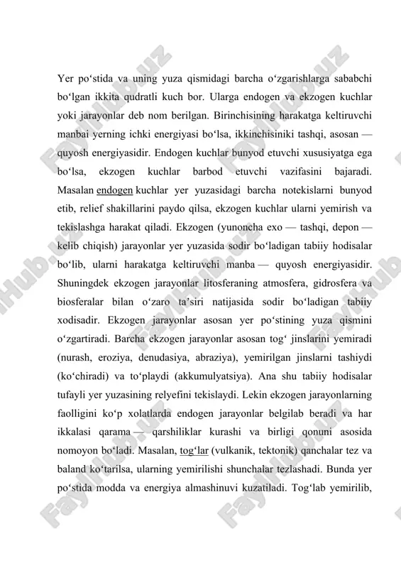 i jinslarni yemirib, deflatsiya va korraziyaga uchratadi. fizik nurash natijasida turli oʻlchamdagi togʻ jinslari hosil boʻladi. togʻ jinslarining bir hilda isitmasligi sababidan sodir boʻladi. bunda asosan, haroratning sutkalik tabranishi katta ahamiyatga ega boʻladi. monomineral togʻ jinslarining yuza qismi bilan pastki qismi oʻrtasida, polimeneral togʻ jinslarida turli qattiqlik va rangdagi minerallar oʻrtasida harorat amplitudasining taʼsiridan siqilish va kengayish kuzatiladi. natijada togʻ jinsida darzlar paydo boʻlib, asta — sekin parchalana boradi. haroratli nurash keskin kontinental arid iqlimli oʻlkalarda va arktikada kuchli kechadi. mexanik nurash suv va havo oqimlarining kuchi, gravitatsion jarayonlar, togʻ jinslarining muzlashi va oʻsimliklar tomiri taʼsirida yemirilishidan namoyon boʻladi. shamollar taʼsirida yemirilgan togʻ jinslarida turli-tuman gʻaroyib shakllar vujudga keladi. qoyali relyefda bu vosita gravitatsiya kuchlari taʼsirida togʻ jinslarini mexanik parchalab, turli shakillar va burdalangan material xisobiga kollyuviy hosil qiladi. suv muzlaganda oʻz hajmini 11 % ga oshiradi. natijada qor chizigʻidan yuqorisida, arktika, subarktika, dengiz qirgʻoqlarida sovuqdan nurash yuz beradi. suv …