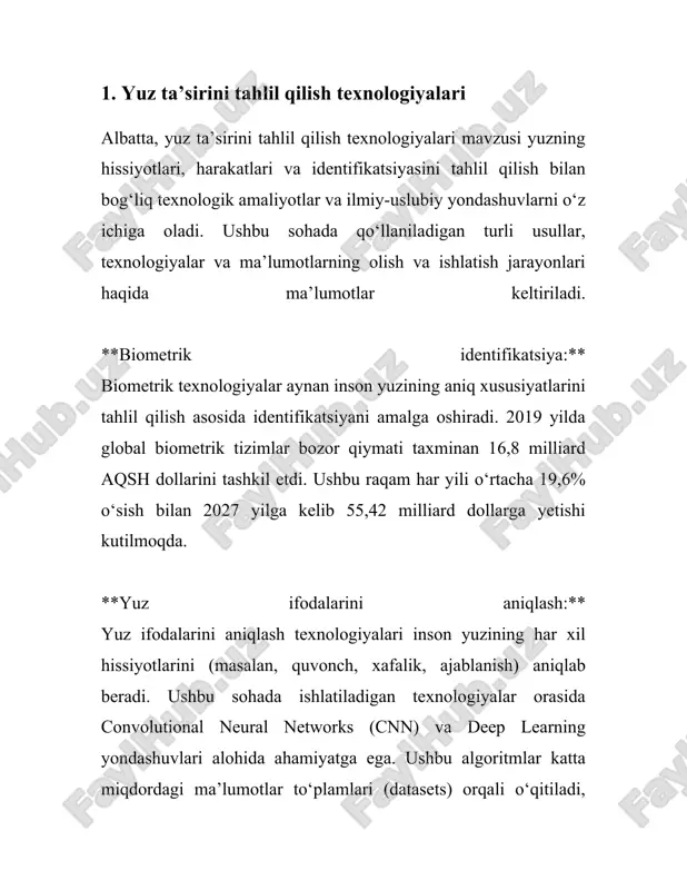 ko‘lamda qo‘llanilayotganini ko‘rsatadi. ushbu texnologiyalar nafaqat xalqaro miqyosda, balki o‘zbekiston va markaziy osiyo davlatlarida ham jadal rivojlanmoqda, bu esa kelajakda yangi imkoniyatlar va qiyinchiliklarni keltirib chiqarishi mumkin. 2. biometrik autentifikatsiya tushunchasi biometrik autentifikatsiya - bu foydalanuvchi yoki shaxsni tanib olish va tasdiqlash jarayonida biometrik identifikatorlarni (masalan, barmoq izi, yuz shakli, ko'z ichi belgisi, ovoz, va boshqalar) ishlatish texnologiyasidir. bu texnologiya xavfsizlikni oshirish va autentifikatsiya jarayonini soddalashtirish maqsadida keng qo'llaniladi. biometrik autentifikatsiya tushunchasi turli hil texnik ko‘rsatkichlar va jarayonlar orqali amalga oshiriladi. eng ko‘p qo‘llaniladigan biometrik texnologiyalar barmoq izi, yuzni tanib olish, va ovozli autentifikatsiyadir. har bir usulning o'zining qator afzalliklari va cheklovlari mavjud. barmoq izi orqali autentifikatsiya qilish tizimi eng ommabop usullardan biri hisoblanadi. ushbu texnologiya, ilk bor fransiyada 19-asr oxirida kriminal maqsadlar uchun qo‘llanila boshlagan. keyinchalik, bu texnologiya turli sohalarda, jumladan bank va telekommunikatsiya sohalarida xavfsizlikni ta’minlash uchun taqdim etildi. barmoq izlari kuzga ko‘rinmas, lekin unikal bo‘lgan maxsus naqsh …