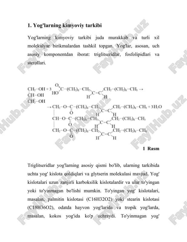 ajratish va tozalash usullari yog'larni ajratish va tozalash jarayoni muhim sanoat tarmoqlaridan biri hisoblanadi. ushbu jarayonlar yog'larni yangi turdagi mahsulotlarga aylantirish, ularning qimmatli fraktsiyalarini ajratish va zararli yoki istalmagan komponentlardan tozalash uchun qo'llaniladi. 2 rasm ### yog'larni ajratish usullari 1. **presslash**: bu usul ko'pincha o'simlik yog'larini olishda qo'llaniladi. urug'lar yoki mevalar maxsus presslar yordamida siqiladi va shu orqali yog' ajratiladi. mexanik presslar yog'ni ajratishning eng qadimgi usullaridan biri bo'lib, u asosan kichik hajmli ishlab chiqarish uchun mos keladi. 2. **ekspllyeratsiya (solvent extraction)**: ushbu jarayon kimyoviy moddalar yordamida yog' ajratishni anglatadi. masalan, heksan kabi organik erituvchilar yordamida yog'lar o'simlik materiallaridan ajratib olinadi. bu usul katta hajmdagi o'simlik xom ashyosidan yog' olishda yuqori samarali hisoblanadi. 3. **santifugal usul**: bu tarzda ajratish yog'ni suyuqlikdan ajratish uchun ishlatiladi. maxsus sentrifugalar yordamida yog' va suv o'rtasidagi zichlik farqidan foydalanib, yog' ajratiladi. ushbu usul ko'pincha sut mahsulotlaridan yog' ajratishda qo'llaniladi. 4. **filtrlash va qadoqlash**: yog'larni filtrdan …