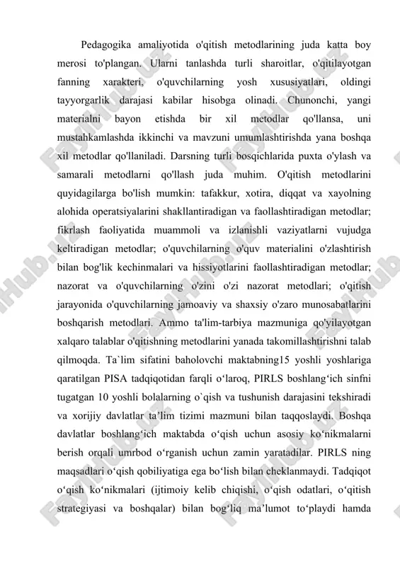 i umumlashtirish va interpretatsiya qilish; -matnning strukturasi, tilga xos xususiyatlarni mazmunini baholash va tahlil qilish. pirls doirasida bajarilgan ishlarni miqdor va sifat koʻrsatgichlari asosida baholash maqsadida quyidagi baholash tizimidan foydalaniladi: -javobini tanlashga oid topshiriqlar 1 ball bilan; -voqea va hodisalarning ketma-ketligiga oid topshiriqlar va qarorlar 1 ball bilan; -javobi yoziladigan ochiq turdagi konstruktiv xarakterdagi topshiriqlar qiyinchilik darajasiga koʻra 1 baldan 3 balgacha baholanadi. bizning fikrimizcha, boshlang'ich sinf o'quvchilarining bilishga qiziqishlari avvalambor darslarda yuzaga keladi. shuning uchun o'qituvchi o'qitishning turli metodlari, shakllari va turlarini qo'llagan holda darsning har bir bosqichida o'quvchilarning bilish faoliyatini faollashtirishga, o'qishga qiziqishni oshirishga intilishlari lozim. o'qituvchi o'z darslarida ko'proq tayanch sxemalar, jadvallar, kartochkalar, tarqatma materiallar, qiziqarli mashqlardan foydalanishlari muhim hisoblanadi. ular hayratlanish hissini, yangiliklarni, kutilmaganlikni keltirib chiqaradi, ziyraklik, tashabbuskorlikni rivojlantiradi, xayrixohlik muhitini yaratadi. o'quvchilarda bilishga qiziqishni qaror toptirish uchun o'qituvchi quyidagi metodlardan foydalangani yaxshi natijalar beradi: barcha o'quvchilar uchun qo'lidan keladigan topshiriqlarni bajarish orqali muvaffaqiyat vaziyatini yaratish, …
