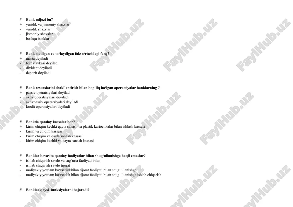 r kiradi? + bankning ustav kapitali - bank depozitlari - bank kontokorrenti - bank korrespondent schyotlardagi mablag‘lar # banklarning rezerv fondi ? + foydadan ajratmalar xisobiga xosil bo’ladi - tushum xisobidan xosil bo’ladi - soliqlar xisobidan shakllanadi - kredit xisobiga shakllantiriladi # bankning aktiv operatsiyalari deb … aytiladi? + bank resurslarini joylashtirish bilan bog`liq bo`lgan operatsiyalarga - bank resurslarini shakllantirish bilan bog`liq bo`lgan operatsiyalarga - bank resurslarini sarf qilish bilan bog`liq bo`lgan operatsiyalarga - bank resurslarini joylashtirish va sarf qilish bilan bog`liq bo`lgan operatsiyalarga # bankning eng riskli operatsiyalari – bu? + kredit (ssuda) berish - asosiy vositalarni sotib olishasosiy vositalarni sotib olish - o‘z qimmatli qog‘ozlarini chiqarish - investitsiyalarni boshqarish # bankning ustavida quyidagilar aks etgan ? + bankning nomi va uning manzili (aloka manzili) bank amalga oshiradigan operatsiyalar ro`yxati bank tashkil etadigan fondlarning ro`yxati ustav fondining miqdori bankning huquqiy shaxs munosabatlari - ustav fondining miqdori byudjet bilan hisobkitoblar …