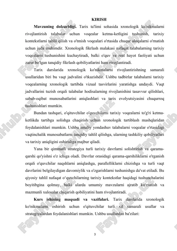 ixiy ma'lumotlarni etkazish orqali ko'rsatishdir. bu chuqur izlanishlar olib borish, tarixiy manbalarni sharhlash, topilmalarni taqdim etish va muhokama qilinadigan mavzuning tarixiy ahamiyatini muhokama qilish kabi vazifalarni o'z ichiga olishi mumkin. i bob. tarix darslarida xronologik ko’nikmalarning nazariy metodologik asoslari. 1.1 tarix darslarida xronologik ko’nikmalarini shakllantirish usullari. tarixni anglab еtish uchun asosiy manbalar bilan birga yordamchi tarix fanlarini ham chuqur bilish zarur. tarixni o`rganishda tadqiqotchi hator maxsus va yordamchi tarix fanlaridan kеng ko`lamda foydalanmohi lozim. yordamchi tarix fanlari bir-biri bilan bohliq, bir-birini to`ldirsa-da, ularning har birining o`z maqsad va vazifalari o`z yo`nalishi, usullari va uslublari mavjud. yordamchi tarix fanlarining har birining alog`ida fan va tadqiqot prеdmеtiga ega. masalan: xronologiya – turli xalqlarda va turli tarixiy davrlarda vaqtni qanday hisoblashganini, ularni bir-birlari bilan qanday bog`lash, taqqoslash mumkinligini, tarixiy voqеalarning sanalarini aniqlaydi. numizmatika – tangalar tarixi bilan shug`ullanadi, gеnеologiya – shajara va sulolalar tarixini, mеtrologiya – uzunlik, og`irlik o`lchovlvri va o`lchov birliklarini, palеografiya …