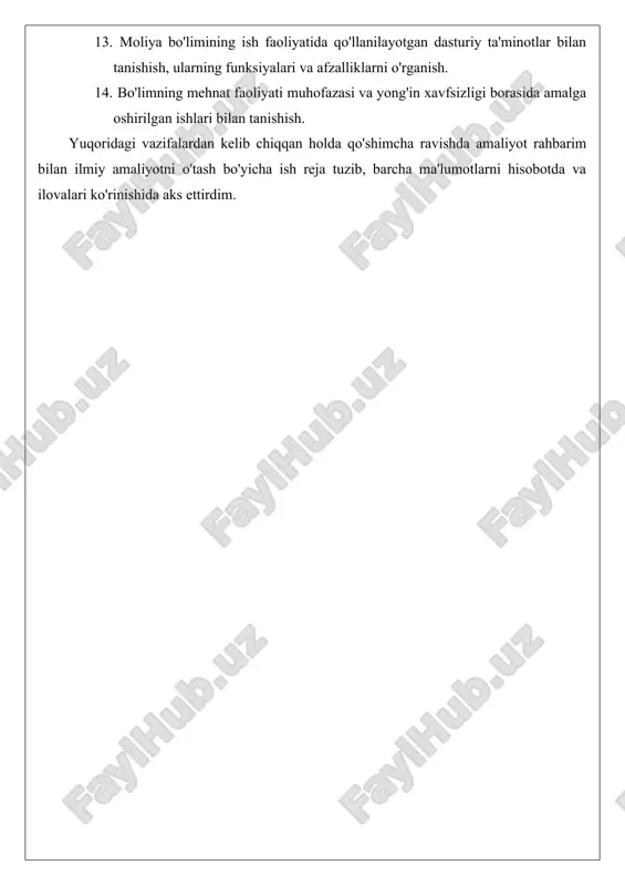 lar mahkamasining, 182-son qarori bilan tanishib chiqish. 9. mahalliy byudjet daromadlari va xarajatlari tarkibi va manbalarini o'rganish. 10. samarqand shahar maktabgacha tarbiya muassasasi, umumta'lim maktabi, sog'liqni saqlash muassasasi xarajatlarini moliyalashtirishini o'rganish. 11. byudjet tashkilotlarida smetalar hamda shtatlar jadvalini tuzish, tasdiqlash va taqdim etish tartibi haqida ko’nikmaga ega bo’lish. 12. byudjet tashkilotlarining moliyaviy natijalari hisobini o'rganish. 13. moliya bo'limining ish faoliyatida qo'llanilayotgan dasturiy ta'minotlar bilan tanishish, ularning funksiyalari va afzalliklarni o'rganish. 14. bo'limning mehnat faoliyati muhofazasi va yong'in xavfsizligi borasida amalga oshirilgan ishlari bilan tanishish. yuqoridagi vazifalardan kelib chiqqan holda qo'shimcha ravishda amaliyot rahbarim bilan ilmiy amaliyotni o'tash bo'yicha ish reja tuzib, barcha ma'lumotlarni hisobotda va ilovalari ko'rinishida aks ettirdim. 1."samarqand viloyati samarqand shahar iqtisodiyot va moliya bo'limi" ning nizomi bilan tanishish. belgilab olingan ish reja asosida ilmiy amaliyotni boshladim. amaliyotning dastlabki kunlaridan boshlab amaliyot rahbari etib belgilangan abbosov alisher ergashovich har kunda reja asosida ishlashimiz lozimligini aytib o'tdilar. so'ngra bizni …