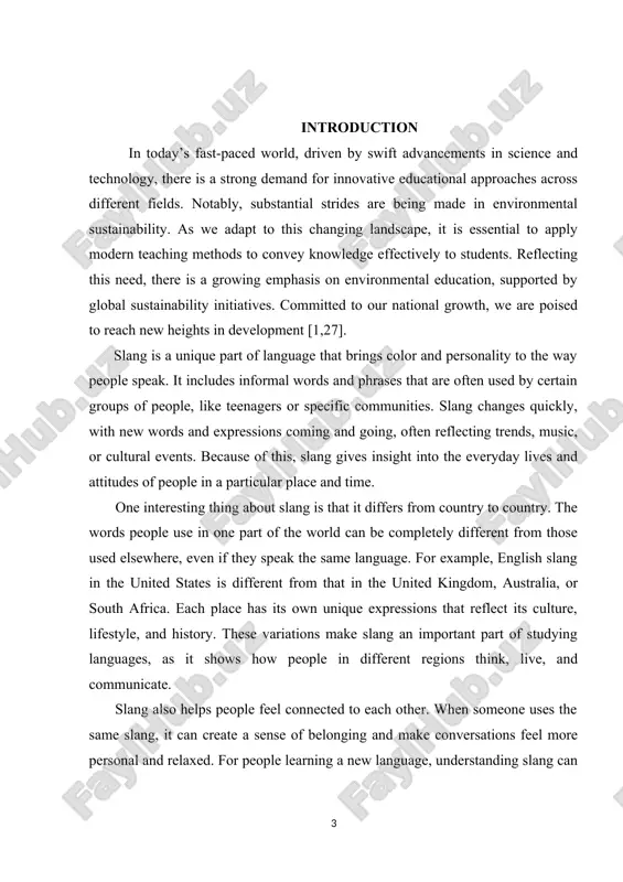 and its role in shaping identities. the object of the coursework is the examination of slang as a linguistic feature that varies by country and reflects unique cultural identities, values, and social connections. we will focus on specific examples of slang from selected countries and analyze their meanings and contexts. the subject of the coursework is the study of slang in different english-speaking countries. this includes understanding its formation, usage, and how it connects to culture, social groups, and local traditions. we will also investigate how global influences and technology affect the evolution of slang across these regions. the task of this coursework is to analyze slang’s role, evolution, and cultural impact in various english-speaking countries. this involves collecting examples, comparing them, and drawing conclusions about their significance in daily communication and cultural identity. the structure of the coursework consists of introduction, two chapters, conclusion and the list used of …