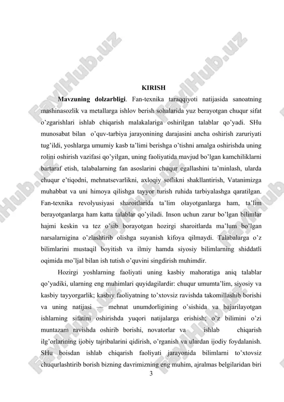 lashga yo‘naltirilgan yagona davlat siyosatini amalga oshirish borasida ishlar amalga oshirilmoqda. hozirgi zamon yuqori texnologiyalarida sanoat robotlari va robototexnika tizimlari keng qo‘llanilmoqda. robotlar, robototexnik va moslashuvchan ishlab chiqarish sistemalari ishlab chiqarishni rivojlantirishning texnik asoslari hisoblanadi. kurs ishi maqsadi: robotlarni loyihalash va modellashtirish mavzusini o'rganish va tadqiq etishdan iborat. kurs ishi vazifalari: 1. robotlar haqida umumiy tushunchalar va ta’riflarni o'rganish; 2. intellektual, adaptiv va programmali robotlarni o'rganish; 3.robotlarni loyihalash asosiy etaplarini o'rganish; 4.zamonaviy avtomatlashtirilgan loyihalash tizim asoslarini o'rganish va tahlil etishdan iborat. kurs ishi ob’ekti: robotlarni loyihalash va modellashtirish. kurs ishi predmeti: robotlarni loyihalash va modellashtirish va modellashtirishning amaliy ahamiyati . kurs ishi tuzilishi: kirish, ikki bob(4ta paragraf), xulosa va foydalanilgan adabiyotlar ro’yxatidan iborat. i bob. ishlab chiqarishni kompleks avtomatlashtirishda robotlarning roli. robotlar bo‘yicha umumiy tushunchalar 1.1. robotlar haqida umumiy tushunchalar va ta’riflar. “robot” so‘zi birinchi marotaba 1920 yilda chex yozuvchisi k. chapekning “rur” (rossum universal robotlari) pesasida ishlatilgan. robot tushunchasi …