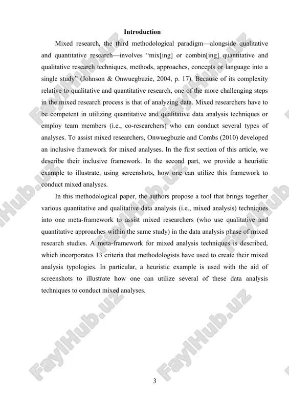 teddlie, tashakkori, & johnson, 2008; west & tulloch, 2001) and chapters in seminal mixed research books (e.g., bazeley, 2009, creswell & plano clark, 2007, 2010; greene, 2007; johnson & christensen, 2008; rao & wolcock, 2003; tashakkori & teddlie, 1998; teddlie & tashakkori, 2009; todd, nerlich, mckeown, & clarke, 2004). these articles and book chapters have been instrumental in providing mixed analysis strategies for mixed researchers. however, these strategies typically have been presented in an isolated manner as standalone techniques with little or no interaction with other mixed analysis techniques. indeed, as surmised by greene (2008), to date, despite the extensiveness of the field of mixed analysis, “this work has not yet cohered into a widely accepted framework or set of ideas” (p. 14). as such, it is clear that an integrated, interactive framework is needed that provides mixed researchers with a map of the mixed- analytical landscape[footnoteref:1]. [1: bazeley, p. …