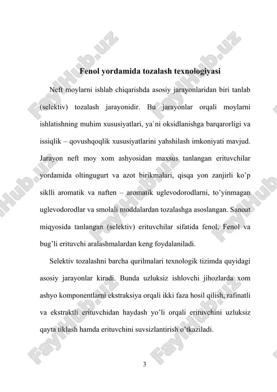 polisiklik aromatik uglevodorodlarini yaxshi eritadi, lekin shu bilan birga moyni uglevodorodlarini qam qisman eritshi mumkin. distilyat moy fraksiyalari, odatda, deasfal'tizatsiya qilinmaydi. distillyat va qoldiq moylarni umumiy texnologik sxemasi shu bilan farq qiladi. moy (fraksiyalari tozalanganidan so`ng moylarning rangi o`zgaradi, ular ancha rangsizlanadi. smola va polisiklik aromatik uglevodorodlardan tozalash natijasida moylarni kokslanishi va yopishqoqlik indeksi ortadi. smola va to`yinmagan uglevodorodlardan tozalash moyni termik barqarorligini (stabilligini) oshiradi. kislota xususiyatiga ega bo`lgan uglevodorodlardan tozalash esa korroziya aktivligini pasaytiradi va qattiq uglevodorodlardan tozalash qotish haroratinini pasaytiradi. moylarni tovar qolatiga keltirib tayyorlash kompaundlash qurilmasida olib boriladi. yengil, o`rta va og’ir distillyat qamda qoldiq komponent bo`lsa moylarni xoxlagan navini (sortini) tayyorlash mumkin. moylarni tozalash jarayonida tanlovchi (selektiv) erituvchilardan foydalaniladi. tanlovchi yoki selektiv erituvchilar suyuq modda bo`lib ma`lum haroratda aralashmadan faqat ma`lum komponentlarni (boshqalarini eritmasdan va ularda o`zi erimasdan) ajratib beradi. ba`zan erituvchilar uglevodorodlarni yaxshi eritadilar va keraksiz komponent cho`kmaga tushadi, yengili ajratib olinadi. deasfal'tizatsiya va deparafinizatsiya …