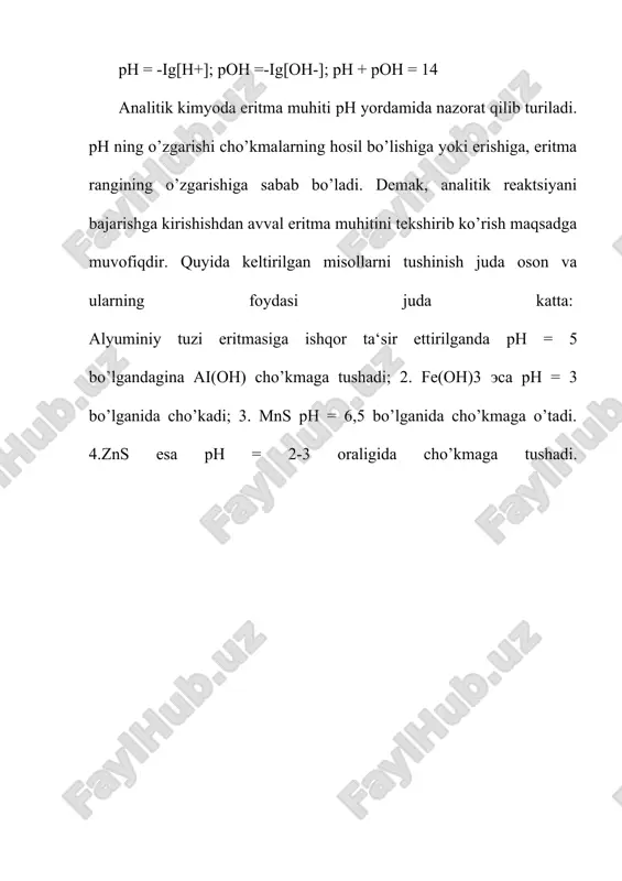 itiga: kislotali muxit, isitish, organik reaktiv qo‘shish va boshqalar; 3. hosil bo‘lgan cho‘kmaning eruvchanligiga: kislota va ishqor ta’sirini o‘rganish; 4. bir kationni ochishda, ikkinchisi xalaqit bersa, ularga sharoit tanlab aniqlash; 5. reaksiyaning sezgirligini aniqlash. natriy kationining analitik reaksiyalari na+ (2s22p6) magniy uranilatsetat bilan mikrokristalloskopik reaksiyasi (farmakopeya usuli) natriy ioni sirka kislotali sharoitida rux uranilatsetat bilan sariq kristal cho‘kmani hosil qiladi: na++mg2++3uo22++9ch3coo-+9h2o=namg(uo2)3(ch3coo)9 х 9h2o (ch) reaksiyani bajarish: buyum oynachasiga 1 tomchi natriy tuzining eritmasidan tomizib, ustiga 1 tomchi magniy uranilatsetat eritmasidan tomiziladi. 1-2 minutdan keyin mikroskop ostida sariq tetraedrik yoki oktaedrik shakldagi kristallarni ko‘rish mumkin. kaliy kationning analitik reaksiyalari к+ (3s23p6) natriy geksanitrokobaltat (iii) (ngnk) bilan reaksiyasi (farmakopeya usuli) kaliy kationi ngnk bilan sirka kislotali yoki neytral sharoitda sariq cho‘kmani hosil qiladi: 2k++na++[co(no2)6]3-=k2na[co(no2)6](ch) reaksiyani bajarish: probirkaga 1-2 tomchi kaliy tuzining eritmasiga na3[co(no2)6] eritmasidan 1-2 tomchi tomizing. sariq rangli mayda kristallik cho‘kma hosil bo‘ladi. reaksiyani bajarishda ammoniy va litiy kationlari xalaqit beradi. …