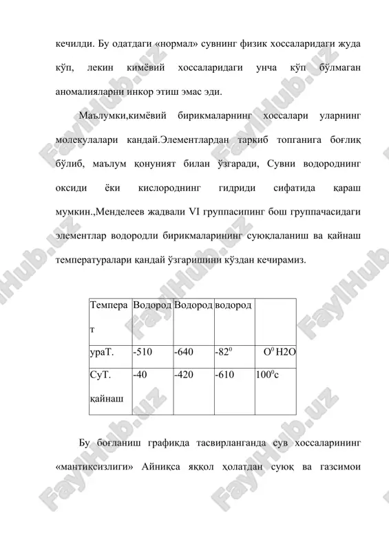 ериш керак. худди шунинг учун ҳам сувнинг иссиқлик сиғими каттадир. одатдаги муз кристаллари ана шундай молекуляр ассоциатлардан (молекулалар бирлашмаларидан) таркиб топган. бундай кристалларда атомларнинг жойлашуви зич булмайди ва муз иссиқликни яхши ўтказмайди. суюқ сувнинг нолга яқин температурадаги зичлиги музникидан катта. 00с да 1 г муз 1,0905 см, 1 г суюқ сув эса 1,0001см хажмни эгаллайди. муз сув юзасида сузиб юради, шу сабабли сув ҳавзалари одатда тагигача музламайди, балки муз қатлами билан қопланади холос. бунда сувнинг яна битта аномалияси намоён бўлади:суюқлангандан кейин у дастлаб сиқилади, кейин янада иситилганда 40с яқинида кенгая бошлайди. юқори босимларда одатдаги музни муз-ii, муз-iii ва ҳакозоларга, яьни шу модданинг анча оғир ва зич кристалл формаларига айлантириш мумкин.энг қаттиқ зич ва қийин суюқланадиган муз-vii 3 млрд. па босим остида олинган.у+1900с да суюқланади. сувнинг кимёвий хоссаларидан энг муҳимлари молекулаларининг ионларга диссоциланиш (ажралиши) ва унинг кимёвий табиати турлича бўлган моддаларни эритиш хусусиятидир. сувнинг асосий ва эритувчи хусусияти роли аввало унинг …