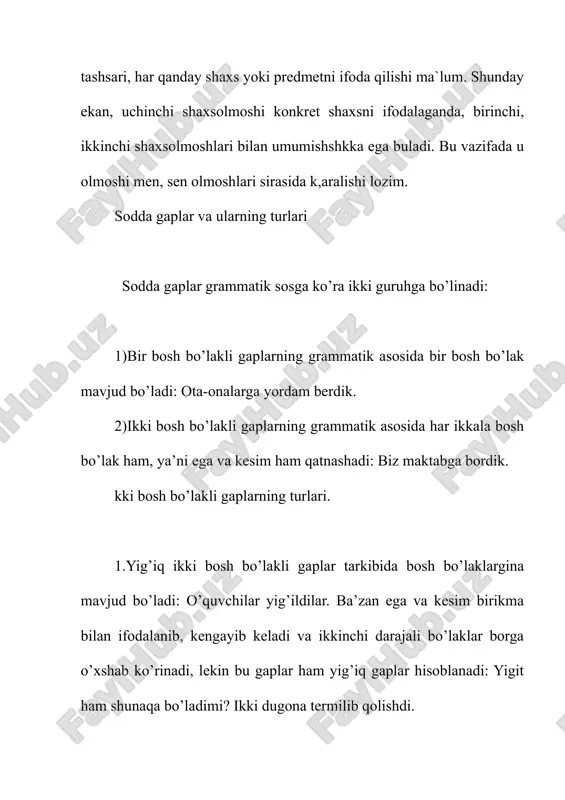 taalluqli bo’lgan gaplardir: sanamay sakkiz dema. bunday gaplarning kesimi odatda, ii shaxs birlikda buyruq maylidagi fe’l bilan ifodalansa ham, mazmunan barchaga qaratilgan bo’ladi, shuning uchun ega ifodalanmaydi. xalq maqollari shaxsi umulashgan gaplar orqali ifodalanadi: bugungi ishni ertaga qo’yma. 4.shaxsi topilmas (shaxssiz) gaplar egasini topib ham, gap tarkibiga kiritib, ham bo’lmaydigan gaplardir: u yerda intizom haqida so’zlashga to’g’ri keldi. shaxsi topilmas gaplarning kesimlari iii shaxs mavjud nisbatdagi fe’llar, bo’ladi, bo’lmaydi so’zlari orqali, -mas qo’shimchali so’z orqali, harakat nomidan keyin kerak, zarur, lozim, mumkin so’zlarini keltirish orqali ifodalanadi: raisning o’zi haqida gapirilsin! mehnatsiz rohatga erishib bo’lmaydi. oyni etak bilan yopib bo’lmaydi. ertalabki salqinda yetib borish kerak. 5.atov (nominativ) gaplar bosh kelishikdagi ot orqali ifodalangan grammatik asos yordamida ifodalangan narsa-buyumning borligini, mavjudligini anglatadi va ko’pincha badiiy va publitsistik asarlarda payt va o’rinni ifodalash uchun ishlatiladi: kuz. izg’irin shabada esyapti. atov gaplar matnda yolg’iz qo’llanmaydi, ulardan keyin uning mazmunini ochuvchi boshqa bir gap kelishi …