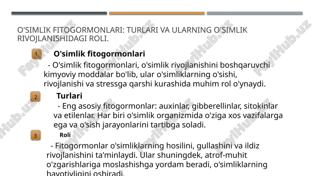 rmonlar darajasini aniqlashda samarali hisoblanadi. biologik tasvirlash texnologiyalari fitogormonlarning ta'sirini vizual ravishda ko'rsatadi. bu usul o'simliklar rivojlanishidagi o'zgarishlarni kuzatishga imkon beradi. fitogormonlar tadqiqotida bioinformatika va genetik tahlilning roli. 1 bioinformatika tahlili bioinformatika fitogormonlarni o'rganishda genetik ma'lumotlarni tahlil qilishda muhim rol o'ynaydi, o'simliklarning fitogormonlarga javoblarini aniqlash imkonini beradi. 2 genetik tadqiqotlar fitogormonlarning genetik tahlili o'simliklarning rivojlanish mexanizmlarini tushunishga yordam beradi, bu esa yangi genetik modifikatsiyalar yaratishda qo'llaniladi. 3 ma'lumotlar bazasi bioinformatika yordamida olingan ma'lumotlar bazalari fitogormonlarning ta'sirini o'rganish uchun zarur, bu esa tadqiqotlar natijalarini tezlashtiradi. 4 innovatsion yondashuvlar zamonaviy bioinformatika yondashuvlari, masalan, genomik tahlil va simulyatsiya, fitogormonlar tadqiqotida innovatsion imkoniyatlar yaratadi. fitogormonlar va ekotizimlar: zamonaviy tadqiqot usullarining qo'llanilishi. 1 fitogormonlar tahlili fitogormonlar tahlili, ekotizimlar ichidagi o'zaro ta'sirlarni aniqlashda muhim ahamiyatga ega. zamonaviy laboratoriya usullari orqali, ularning ta'siri o'rganiladi. 2 ekotizimlar va fitogormonlar ekotizimlar, fitogormonlarning o'simliklar va boshqa organizmlar bilan o'zaro ta'sirini ko'rsatadi. bu munosabatlar ekologik muvozanatni saqlashda muhim rol o'ynaydi. 3 …