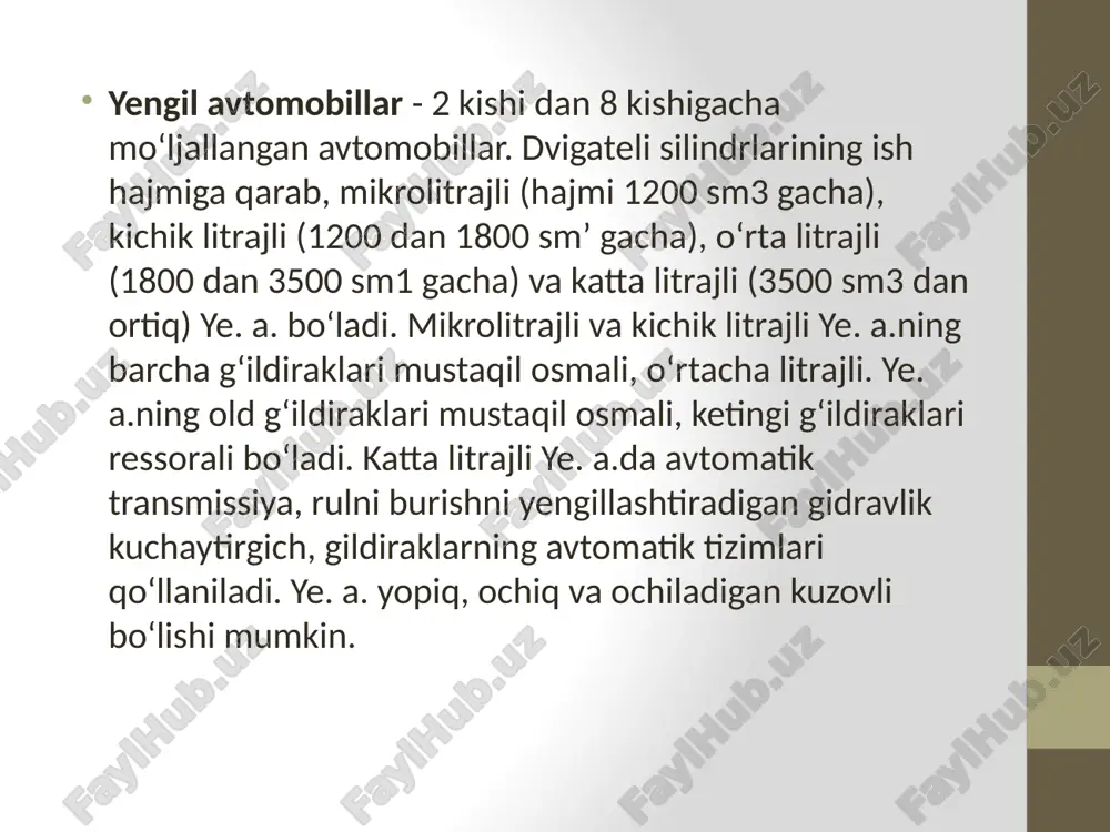 llari ushbu turdagi avtoulovga misol bo`la oladi. 2 xechbek - ushbu turdagi avtomashinalar 1-2 qatorli o'rindiqlarga, 2-4 eshiklarga ega bo'lib, ort va oldi taraflari kaltalashtirilgan bo'ladi. bularga chevrolet matiz, ford focus avtomobillari kiradi. bunday avtomobillar tirbandlik ko'p uchrab turadigan shaharlarga mos, chunki ularning kichik hajmlari mashinalar orasidan yoki kichik ko'chalardan o'tishga qulayroq. 3 universal - turdagi avtomobillar sedan avtomobillariga o'xshash , lekin bagaj qismi ko'tarilgan, ya'ni avtomobil saloni bagajning ustigacha uzunlashtirilgan bo'ladi. katta oilalar sayohatga chiqishganda ushbu avtomobil asqotadi. chunki, kengaytirilgan bagajga kerakli bo'lgan yuklarni joylab, salonda bemalol manzilga yetishingiz mumkin. 4 kupe - turidagi avtomobillar yopiq kuzovli, 2 eshikli va 2 qator o'rindiqlarga egaligi bilan ajralib turadi. bu turdagi avtomobillardan ko'proq sport poygalarida foydalaniladi. 5 pikap - turidagi avtomobillarning hajmi odatda katta bo'lib, undan ko'proq og'ir yuklar tashishda foydalaniladi. passajirlar o'tiruvchi salon yopiq, lekin bagaj qismi keng va ochiq bo'ladi. bunday avtomobillarni har kuni haydash uchun yaramaydi, chunki ular …