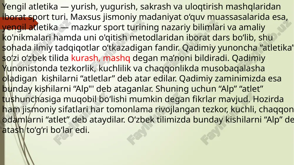 ish uchun, sportcha yurish texnikasi asoslarini o’rganib olishning o‘zigina kifoya qilmay, balki oddiy yurishga qaraganda anchagina jadalroq ish bajarish talab qilinadi, ya’ni energiya sarflash ortadi. shu sababdan sportcha yurish bilan shug‘ullanish sportchi organizmiga ancha ta'sir etib, uning ichki a’zolarini va tizimlarini mustahkamlaydi, ularning ish qobiliyatini oshiradi, kuchni va ayniqsa chidamlilikni rivojlantirishga ijobiy ta’sir ko‘rsatadi, irodali bo’lishga o‘rgatadi. shuning uchun ham yetuk tez yuruvchilar juda chidamli bo‘ladilar. shartli belgilar: o' — musobaqa o'yingohda o'tkaziladi; в — musobaqa binoda o'tkaziladi; sh — musobaqa shosseda, shahar va qishloq ko'chalarida o'tkaziladi; d — musobaqa dalada o'tkaziladi (kross); r — record qayd qilinadi; к — yuqori ko'rsatkich qayd qilinadi; „+" — musobaqa rekordi va yuqori ko'rsatkich qayd qilinmaydi; „—" — musobaqa o'tkazilmaydi. yurish musobaqalari stadion yo’lkalarida (soat strelkasi harakatiga teskari yo'nalishda) va oddiy yo’llarda (shoh va shahar ko'chalarida, so'qmoqlarda va hokazo) 3 dan 50 km gacha masofada o'tkaziladi. yengil atletika yurish musobaqasida qatnashuvchilar, qoidada belgilangan …