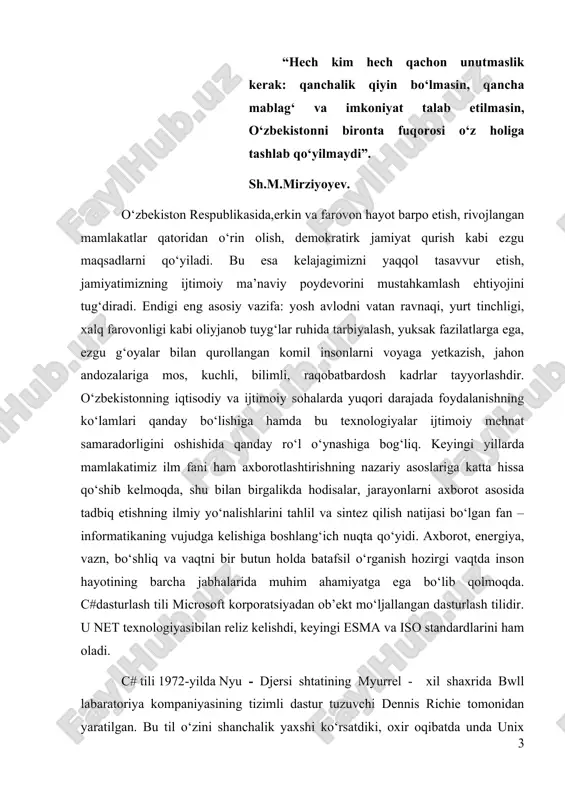 n boshlab ishlatila boshlagan. c#ning bosh arxitektori butun dunyo dasturchilari ichida birinchilar qatorida turgan va butun dunyo tomonidan tan olingan anders hejlsberg bo‘ldi. uning 1980-yillarda chiqarilgan turb pascal dasturi orqali hm tanishimiz mumkin. c# dasturlash tili bevosita c, c++ va java dasturlash tillari bilan bog‘liq. chunki bu 3ta til dasturlash tillari bo‘yicha eng mashhurlaridir. c# va java dasturlash tillari o‘zaro o‘zgacha bog‘langan. ularning kelib chiqishi c va c++ bo‘lsada o‘zaro bir biridan farq qiladi. c# dasturlash tili ham ob’ektga mo‘ljallangan tillar sirasiga kiradi. kurs ishining maqsadi va vazifalari: ushbu kurs ishi hozirgi kunda kompyuterda berilgan masalalarni dasturlash tillari orqali yechish, math sinfi va uning metodlari bilan ishlash va shunga o‘xshash tushunchalardan foydalanish kabi vazifalarni o‘rganishga olib keladi. talabalarda c# dasturlash tilini yanada mustahkamlash va uning nazariy va amaliy qismlarini o‘rganiladi. dasturiy interfeyslarni ishlatishni to‘liq qo‘liq qo‘llab – quvvatlash, sohaga yo‘naltirilgan dasturiy tehnologiyalarni qo‘llab quvvatlashlar o‘rganiladi. kurs ishini tayyorlashda foydalanilgan adabiyaotlar …