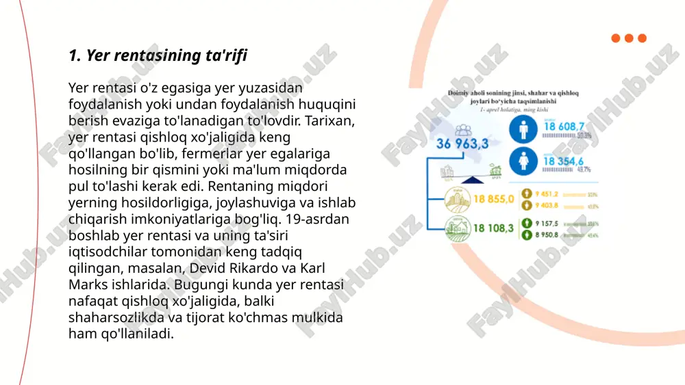 'proq hosil berib, yuqori renta keltiradi. 18-asr oxiri va 19-asr boshida agrar inqilob va sanoat inqilobi davrida yer rentasi tushunchasi yanada rivojlangan. rentaning miqdori, odatda, bozor narxi va yerning tabiiy xususiyatlariga bog'liq. ... t.me/slaydai_bot 7. renta va renta munosabatlari renta – bu yer yoki boshqa tabiiy resurslardan foydalanish uchun to‘lanadigan haq. yer rentesi uch turga bo‘linadi: differensial, absolyut va monopol renta. differensial renta serhosil yerlar foydasidan keladi; absolyut renta esa har qanday yer egaligida olinadi. evropa mamlakatlarida renta tushumi umumiy davlat daromadlarining 3-5%ni tashkil qiladi. o‘zbekistonda qishloq xo‘jaligi yer maydonlarining 50%dan ortig‘i rentaga ega. renta munosabatlari yer resurslarini samarali boshqarish va resurslardan optimal foydalanishni ta’minlashi lozim. 2022 yilda o‘zbekiston yalpi ichki mahsulotida qishloq xo‘jaligining ulushi 27%ni tashkil qilgan bo‘lib, renta iqtisodiyotning ushbu sektorida muhim ahamiyatga ega. ... t.me/slaydai_bot renta va sug'urta munosabatlari ikki iqtisodiy tushunchadir. renta ko'plab mamlakatlarda yer egaligidan olinadigan daromad bo'lib, yer narxining o'sishi yoki ijaradagi farqdan kelib …