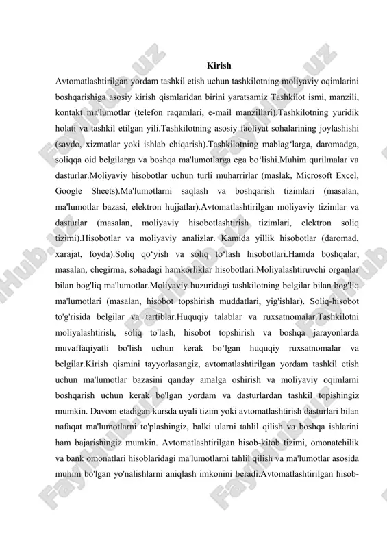 unktsiyalari.ma'lumotlar bazasining omonatchilar va bank omonatlarini hisobga olishni avtomatlashtirishdagi roli va kerakliligi.omonatchilar va bank omonatlarini hisobga olishni avtomatlashtirishning talablari.ma'lumotlar bazasining tuzilishi, ma'lumotlarni to'plash va saqlash, ma'lumotlar bazasiga kirish va chiqish jarayonlari.ma'lumotlar bazasini loyihalash: loynish jarayoni, model va qismlarini belgilash, ma'lumotlarni tahlil qilish va ma'lumotlar bazasining qurilishi.xalqaro tajribalar: omonatchilik va bank omonatlari hisob-kitobi sohasidagi xalqaro tajribalar va yaxlitlashishlar. avtomatlashtirilgan yordam tashkil etish uchun moliyaviy oqimlarni boshqarishga oid qo'shimcha ma'lumotlar quyidagicha bo'lishi mumkin.tashkilotning moliyaviy boshqaruv strukturalari. maliyot boshqarmasi (yoki boshqaruv markazi) – hisoblagich, moliya ma'muriyati, moliya hisobotlash tuzilmasi kabi bo'limlar.kredit va moliyalashtirish bo'limi – kreditlarni boshqarish va moliyalashtirish operatsiyalarini amalga oshiruvchi bo'lim.soliq va to'lov bo'limi – soliq qo'yish, hisob-kitob yuritish va soliqlarni to'lash bo'limi.tadbirkorlik va savdo bo'limi – savdo operatsiyalarini boshqaruvchi va moliyalashtiruvchi bo'lim.naqd pul moliyalashtirish bo'limi – naqd pulni boshqarish, kassalarni hisob-kitob qilish va moliyalashtirish bo'limi.moliyaviy hisobotlar, analitik mulohazalar va moliyaviy tahlillarni tayyorlash bo'limi.axborot tizimi va muvofiqlashtirish. tashkilotning moliyaviy sistema va …