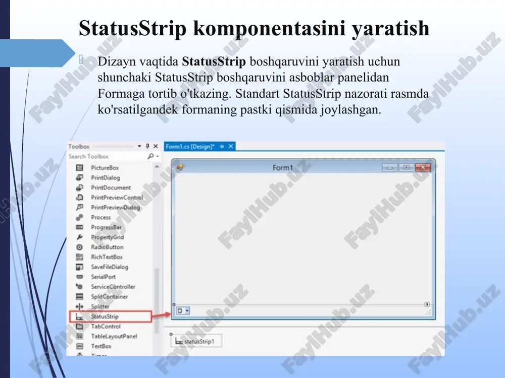 anda statusstrip komponentasida ochilgan label ilovasiga siz istagan so’zingizni chiqarishingiz mumkin. statusstrip xususiyatlari va dastur davomida qo’llanilishi. buning uchun dizayn qismiga quyidagi predmetlarni hosil qilib olamiz: 1 ta button tugma amali. 2 ta label yozuv uchun amali. 2 textbox komponenti. status strip komponentasi. e’tiboringiz uchun raxmat.