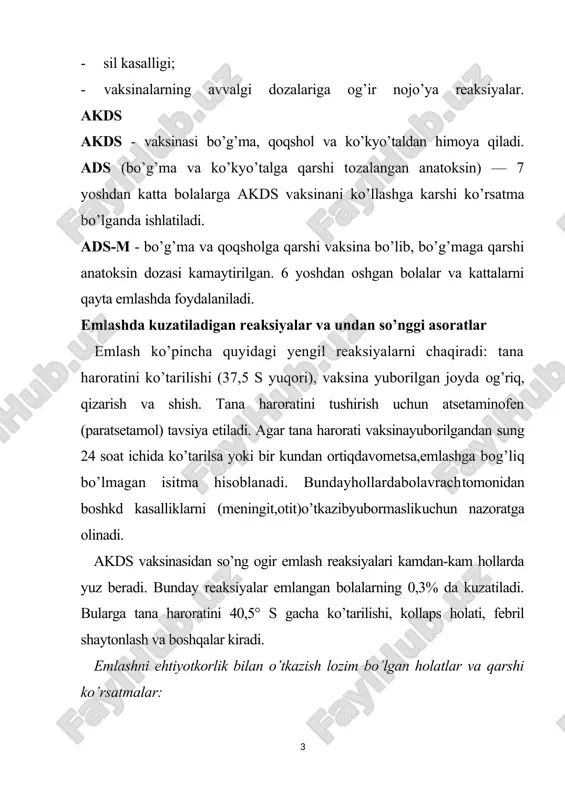 a bola emlanadi. bunday holatlarga quyidagilar kiradi: · emlashdan 48 soat o’tgandan so’ng tana xaroratini 40,5° s dan yuqori bo’lishi (boshqa sababi aniqlanmagan hollarda); · emlashdan 48 soat o’tgandan so’ng kollaps yoki shunga o’xshash holatlar kuzatilsa; · emlashdan so’nggi 2 kun ichida davom etuvchi to’xtovsiz, uzoq chinqiriq; · shaytonlash (tana haroratiga bog’liq yoki bog’liq bo’lmagan), emlashdan keyin 3 kun davomida kuzatiluvchi. nevrologik buzilishlar aniqlangan bemor bolalarni emlash birmuncha muammo tug’diradi. ularda (boshqa bolalarga nisbatan) asosiy kasallikning klinik belgilarini emlashdan so’ng kuzatilish xavfi yuqori xisoblanadi. ko’pincha bunday holatlarda emlash bolaningahvoli yaxshilanguncha vaqtincha to’xtatiladi. masalan, rivojlanib boruvchi ensefalopatiya, boshqarib bo’lmaydigan epilepsiya, shaytonlash yoki boshqa nevrologik xolatlar akdsdozasidan so’ng kuzatilishi bunga misol bo’la oladi. uzgarmas nevrologik holatlar, rivojlanishdan ortda qolish akds vaksinasini emlashga qarshi ko’rsatma bula olmaydi bunday bolalarga emlashdan avval va keyin, harorat ko’tarilishini oldini olish maqsadida setaminofen yoki ibuprofen (kunda bir mahal) berish mumkin. poliomielitga qarshi vaksina 90% bolalarda emlashdan so’ng …