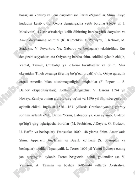 xitoyda bunday kashfiyotlar ancha ilgari boshlangan. miloddan avvalgi 128 yil xitoylik chjan syan sharqiy tyanshan etaklari boʻylab borib, markaziy tyanshan dovonlaridan oshib, fargʻona vodiysining koson shahriga kelgan, soʻngra qizilqumdan oʻtib, balxga yetib borgan. qaytishda pomir, singin togʻlaridan oʻtib, 126 yilda vataniga qaytib kelgan (15 ming km yoʻl bosgan). xitoy sayyohi syuan szan 7-asrda 16 yil (629—645) davomida chjan syan yoʻlidan yurib, balx shahrigacha borgan, soʻng hindukush togʻlaridan oshib, haybar darasidan oʻtib, hind vodiysiga chiqqan va panjobni oʻrgangan, panjobdan bengaliyagacha boʻlgan yerlarni kezgan, soʻngra amudaryo boʻyiga qaytib, pomir va qashqar orqali vataniga qaytgan. 689 yil xitoylik i. szin dengiz boʻylab sayohatga chiqqan. sumatra o.ga borgan, soʻng gang mansabiga yetib kelib, 695 yil vataniga qaytgan va koʻrganlarini batafsil yozib qoldirgan. 9—10-asrlarda arablar eron, hindiston, shri lanka, turkiston, oʻrta osiyoning buyuk togʻlari, shim. va jan. xitoy, hindixitoy, indoneziya o.lari, afrika, madagaskar o. haqida yetarli maʼlumotga ega boʻlishgan. faqat yevrosiyoning shim. ularga uncha aniq …