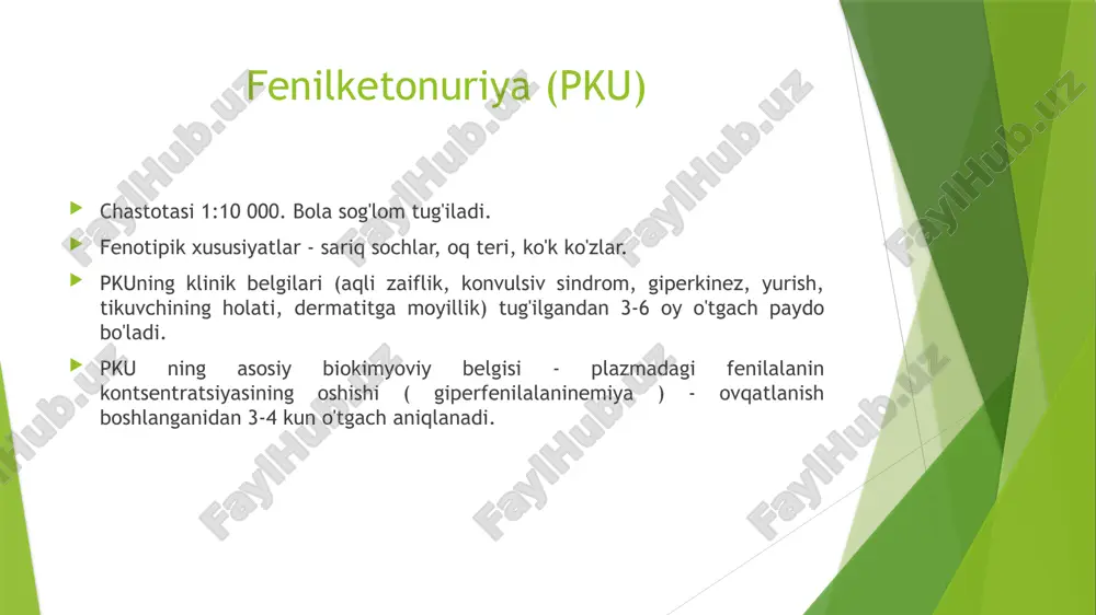 igi, koma bilan almashtiriladi. chinor siropi hidi sifatida tasvirlangan siydikning g'ayrioddiy aromatik hidiga e'tibor bering. kasallik juda og'ir davom etadi va ko'pincha o'limga olib keladi, o'limning asosiy sababi miya shishi. albinizm odatda irsiy pigmentatsiya nuqsoni, ko'pincha melaninning albinizmning chastotasi 1: 5000 - 1: 25 000. klinik jihatdan sut-oq teri rangi, sarg'ish sochlar, qon tomirlarining shaffofligi tufayli ko'zning qizil irislari xarakterlidir. ko'z albinizmi albinizmning bir turi bo'lib, u faqat ko'zlarga, xususan shox parda va retinaga ta'sir qiladi.ko'z albinizmi bilan og'rigan odamlar teri va soch rangi bir xil bo'ladi. alomatlar: ko'rish keskinligining etishmasligi va tungi ko'rishning cheklanganligi tez ko'z harakati (nistagmus) binokulyar ko'rishning pasayishi nurga sezgirlik funktsional ko'rlik strabismus ko'z albinizmi ko'z osti albinizmi - soch, teri, ko'z pigmentatsiyasining umumiy pasayishi va turli xil ko'z kasalliklari bilan tavsiflangan melanin biosintezining irsiy kasalliklari guruhini tavsiflaydi. ko'z-ko'z albinizmi 1 - bu 11-xromosomada joylashgan tirozinaza genidagi mutatsiya natijasida yuzaga keladigan kasallik. mutatsiya tirozinaza butunlay yo'q …
