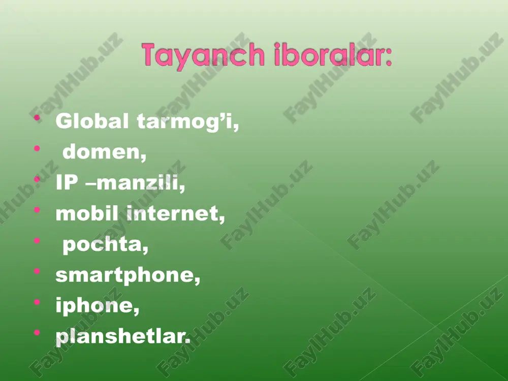orat. mobil qurilmalarning yirik global ishlab chiqaruvchilariga quyidagilarni misol qilishimiz mumkin: apple, samsung, huawei, xiaomi, sony, google, htc, lg, tcl, motorola mobility va nokia. mobil qurilmalarning xususiyatlari. qurilmaning foydalanish imkoniyatidan kelib chiqib, quyidagi fikrlarni bildirish mumkin. - qurilmaning o‘lchamlari va vazni - uni qanday boshqa qurilmalariga bog‘lash mumkin - qurilmalar xost bilan qanday aloqa o‘rnatadi - mobil qurilmalarda sensorli harakatlanish sodir bo‘la olish mobil telefon – mobil aloqada foydalaniladigan telefon apparati turi. mobil telefon klaviatura va ekranga ega bo‘lib hozirgi kunda asta-sekin kompyuter, faks apparati, telefon apparati, qaydlar kitobchasi vazifalarini bajaruvchi ko‘p maqsadli abonent tizimiga aylanmoqda. mobil aloqa muhiti– tayanch stantsiyalar va bir guruh abonentlar tizimidan iborat bo‘lib, abonentlarning bir-birlari bilan o‘zaro axborot almashinuvini ta’minlovchi texnik vositalar majmuasi. mobil aloqa tizimida barcha ma’lumotlar mobil telefon orqali elektromagnit to‘lqinlari ko‘rinishida simsiz havo orqali uzatiladi. mobil aloqa xizmati operatorlari – abonentlar (mijozlar) uchun mobil aloqa xizmatlarini taklif qiluvchi tashkilotdir. operatorlar vazifasiga radio …