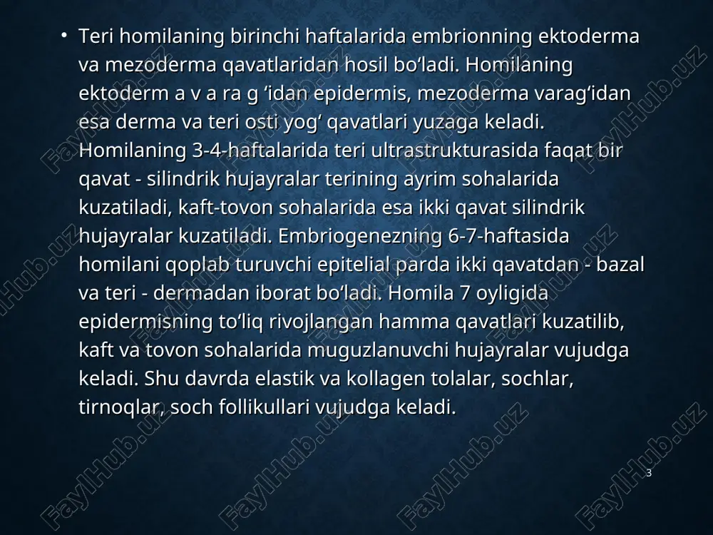 tugun (nodus) – do’mboqchadan kattaroq teri sathidan ko’tarilib turuvchi, bo'shliqsiz birlamchi proliferativ element. tugunning xususiyatlari: * * qabarchiq (urtica) – bo'shliqsiz birlamchi ekssudativ element qabarchiqning xususiyatlari: * * pufakcha (vesicula) – shaffof tarkibga ega bo'lgan ekssudativ bo'shliqli birlamchi element. pufakchaning xususiyatlari: * * pufak (bulla) – shaffof tarkibga ega bo'lgan ekssudativ bo'shliqli birlamchi element pufakning xususiyatlari: * yiringcha (pustula) – serroz-yiringli ekssudatsaqlaydigan birlamchi bo’shliqli morfologik element. * yiringchaning xususiyatlari: * pustula (yiringcha) * ikkilamchi morfologik elementlar pigmentli dog’ qipiqlanish qobiqcha yoriq eroziya yara ekskoriatsiya chandiqlanuvchi atrofiya chandiq lixenifikatsiya vegetatsiya * pigmentli dog’ – teridagi birlamchi morfologik elementlarning echimi natijasida paydo bo'ladigan pigment o’zgarishi. * qipiqlanish (squama) – terining muguz qavatining ajralishi * ekskoriatsiya(excoriatio) – terining qichitish natijasida hosil bo’lgan chiziqli eroziyalar. * ekskoriatsiyaning xususiyatlari: * * eroziya, shilinish (erosio) - teri, shilliq pardalar yoki lab qizil hoshiyasining yuza, epidermisdagi yuzaki defekti hisoblanib, shu sababli ular izsiz bitadi. eroziya birlamchi bo‘shliqli …