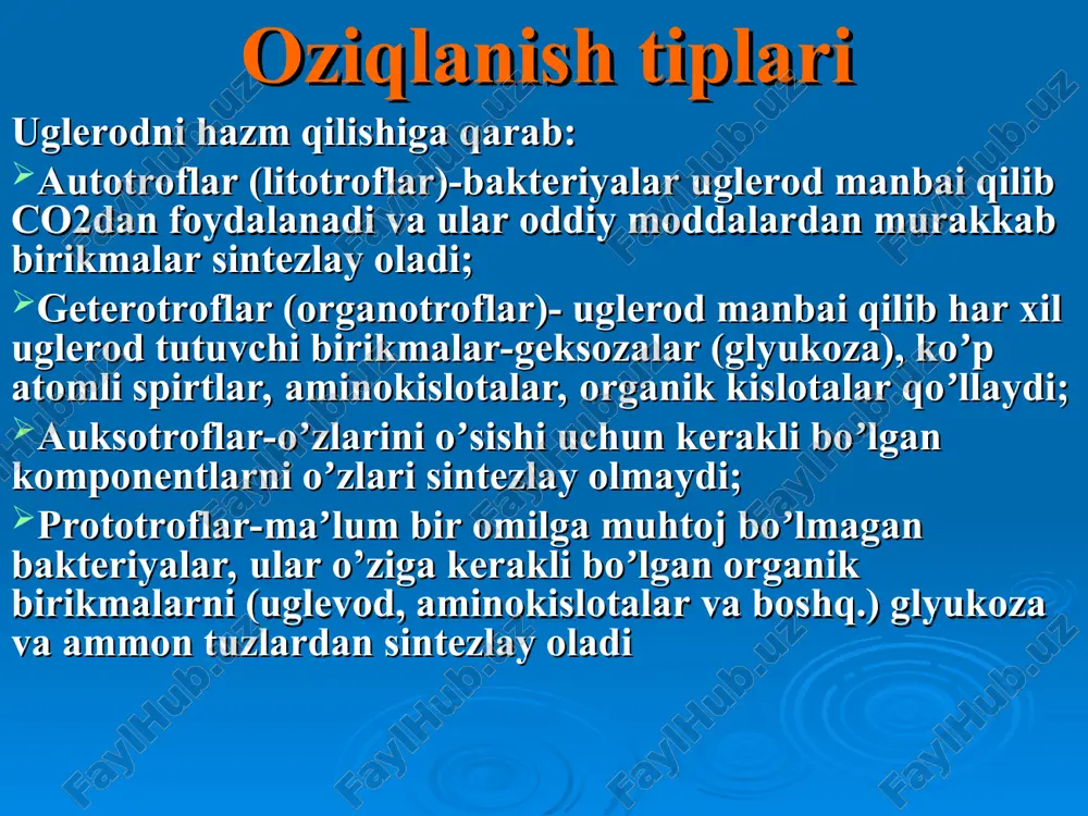 qo’llanilishiga ko’ra: saqlab turuvchi –patogen bakteriyalarni saqlanishini ta’minlaydi (tiga, gipertonik eritma va b) ko’paytiruvch –ma’lum bir bakteriyalarni ko’paytirib olishda qo’llaniladi (myuller, kitta-tarotsi, selenitli bul’on va b) boyitilgan muhitlar –ular tarkibi qon, gemin, zardob kabilar bilan boyitilib, oziqli muhitga talabchan bakteriyalar o’stiriladi (qonli agar, zardobli agar, qandli bul’on va b) endo muhitidagi ichak tayoqchasi koloniyalari mikroorganizmlarning oʼsishi oʼsish – bu mikrob xujayrasining kattalashishi va yetilishidir 4 ta oʼsish davrlari tafovut qilinadi: 1) latent davri - adaptatsiya; 2) logarifmik davr - mikroorganizmlar tez oʼsib kattalashib, boʼlinadi; 3) statsionar davr - paydo boʼlayotgan bakteriyalar soni oʼlgan bakteriyalar soniga teng boʼladi ; 4) oʼlish davri - hujayralar soni oʼlishi tufayli kamayib boradi, oxirida oʼlganlar soni tirigidan oshib ketadi oʼsish faktorlari mikroorganizmlar oʼzining oʼsishi va koʼpayishi uchun maʼlum bir moddalarni sintez qilmasdan tayyo’r qabul qiladi oʼsish faktorlariga quyidagilar kiradi: аminokislotalar purin va pirimidin asoslari lipidlar vitaminlar va boshqalar mikroorganizmlarning koʼpayishi koʼpayishi – bu mikroorganizmlar sonining …