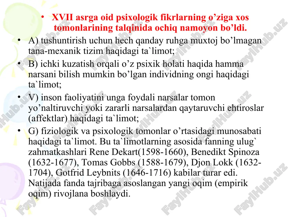 miyada u yoki bu javob mushak harakatlari beriladi. masalan, dekart birinchi nerv qiziologik jarayonlarning mexanizmini aniqladi, fiziologiyaga “refleks”tushunchasini kiritdi. xususan, keyinchalik “shartli reflekslar” deb nom olgan nervlar o’rtasidagi yangi bog`lanishlar mexanikasini ham u tasvirlagan. spinozaning fikricha, qalblarni qurol bilan emas, mehr- muhabbat va oliyjanoblik vositasida zabt etish mumkin. spinoza psixologiyasi ongning psixologik ob`ekt sifatida shakllanishi yo’lidagi dekartdan keyingi muhim qadam bo’ldi. dekart dualizmining tanqid qilinishidan boshqa yo’nalish angliyalik faylasuf tomas gobbs nomi bilan bog`liq. t.gobbs ruhni alohida mavjudlik sifatida mutlaqo inkor etdi. uning fikricha, dunyoda g.galiley tomonidan ochilgan mexanika qonunlariga bo’ysunuvchi moddiy tanalardan boshqa hech narsa yo’q. men katta masalalar xususida uzoq bahslashib, hech narsaga erisha olmagandan ko’ra, arzimas narsalarga oid kichik bir haqiqatni kashf etishni afzal ko’raman. t.gobbs fikricha, organizmga ta`sir etib, sezgini hosil qiladi. inertsiya qonuniga ko’ra, sezgidan uning kuchsiz izi sifatida tasavvurlar paydo bo’ladi. ular esa fikrlar zanjirini hosil qiladi va bu fikrlar sezgilar qanday ketma-ketlikda almashgan …
