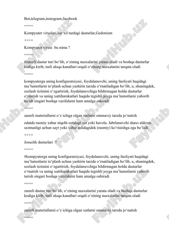 rzda o‘rnatiladigan ==== foydalanuvchiga bildirmagan holda dasturlar o‘rnatish va uning xattiharakatlari haqida tegishli joyga ma’lumotlarni yuborib turish singari boshqa vazifalarni ham amalga oshiradi ==== zararli dastur turi bo‘lib, o‘zining nusxalarini yarata oladi va boshqa dasturlar kodiga kirib, turli aloqa kanallari orqali o‘zining nusxalarini tarqata oladi ==== ++++ kompyuter virusining asosiy maqsadi nima? ==== #kompyuterni ishdan chiqarish, fayllarni o‘chirish, foydalanuvchi ishini to‘sish kompyuterga uning konfiguratsiyasi ==== zararli materiallarni o‘z ichiga olgan xatlarni ommaviy tarzda jo‘natish ==== odatda rasmiy xabar niqobi ostidagi xat yoki havola ++++ gedonizm qanaqa so’zdan olingan va nima manoni bildiradi? ==== #qadimgi yunoncha “zavq” ==== qadimgi xitoycha “dard” ==== qadimgi lotincha “shavq” ==== qadimgi yaponcha “hursandchilik” ++++ nechanchi yilda garvard biznes maktabi mustaqil tashkilot sifatida garvard business publishing (hbp) ni yaratdi? ==== #1994-yil ==== 1997-yil ==== 1998-yil ==== 1999-yil ++++ globallashuv so’zi qaysi tildan olingan va nima degan ma’noni bildiradi ? ==== qirg’izcha “globalizatsiya” dumaloqlashuv,quralashuv ==== #lotincha “globalizatsiya” …