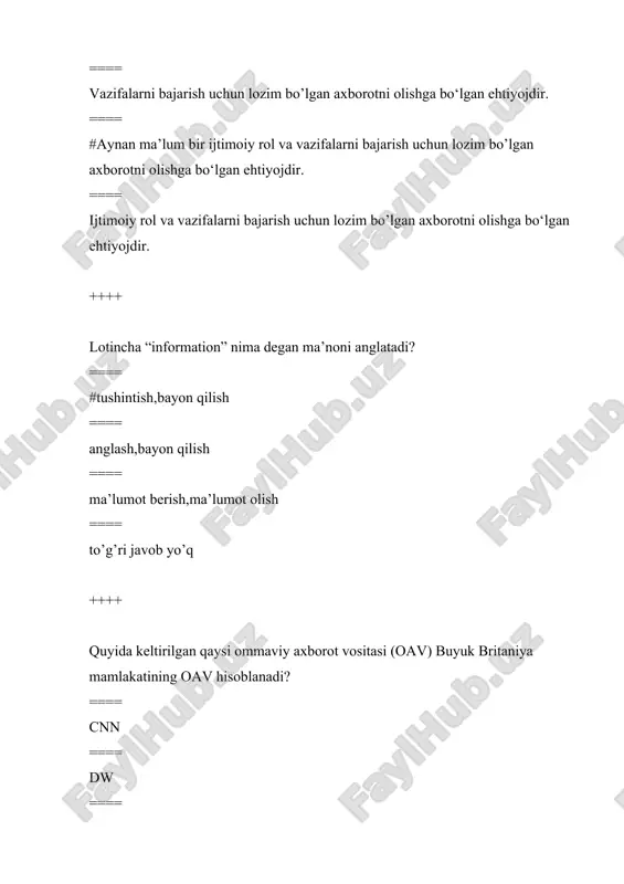 di ==== #mtp roto protokoli ==== mtt goto protokoli ==== mtv roto protokoli ==== mppp roto protokoli ++++ telegram dasturida nechanchi yildan boshlab ovozli chat dasturi taqdim qilindi? ==== #2021-yil mart oyida ==== 2022-yil april oyida ==== 2020-yil may oyida ==== 2022-yil may oyida ++++ quyida keltirilgan javoblardan qaysi birida ijtimoiy tarmoqlar nomlari keltirib o’tilgan? ==== #facebook, twitter, instagram, linkedin, myspace ==== whatsapp, viber, telegramm ==== bbc, cnn, dw ==== google, yahoo ++++ keltirilgan javoblardan qaysi birini internetdagi mavkuraviy tahdidlar deb hisoblashimiz mumkin? ==== demokratiya, axborot vositalari ==== #pornografiya (fahsh, behayo), zoravonlik, yovizlik, beshavqatlik ==== ijtimoyi tarmoqlar ==== ommaviy axborot vositalari ++++ behayolik, odobsizlik kabi illatlar qaysi shakllarda omma ongiga kirib kelishi mumkin? ==== ommaviy madaniyat, demokratiya, oav ==== messengerlar (misol uchun telegramm kanallari va guruhlari) ==== ijtimoyi tarmoqlar ==== #barchasi to’g’ri ++++ musulmon mentalitetiga zid bo’lgan odatlar hisoblanuvchi ga’rb mamlakatlarining, jumladan rossiyaning hayot tarzi, mentaliteti, odatlari respublikamiz yoshlariga qay …