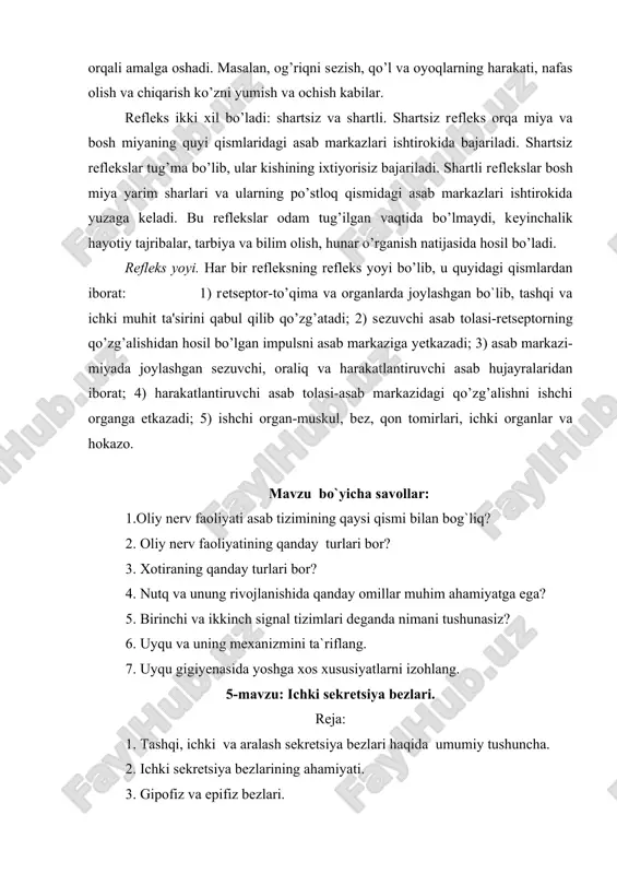 , so’lak (quloq oldi, til osti va jag’ osti) hamda me`da va ichaklarning shilliq qavatidagi shira ajratuvchi bеzlar kiradi.bularda ishlab chiqariladigan suyuqliklar tashqi muhitga chiqariladi.shuning uchun bu bеzlar tashqi sеkrеtsiya bеzlari dеb ataladi. ba'zi olimlarning fikrncha, jigar ham eng katta tashqi sеkrеtsiya bеz hisoblanadi, ya'ni ishlab chiqariladigan o’t suyuqligi ichakka qo’yiladi va najas bilan tashqariga chiqariladi. ichki sеkrеtsiya bеzlari. bular odam tanasining turli qismlarida joylashgan bo’lib, ularda ishlab chiqariladigan suyuqliklar organizmning ichki muhitiga, ya'ni qon va limfaga qo’yiladi. shuning uchun bu bеzlar ichki sеkrеtsiya bеzlari dеb ataladi. ichki sеkrеtsiya bеzlariga gipofiz, epifiz, qalqonsimon, qalqon oldi, ayrisimon, buyrak usti bеzlari kiradi. aralash bеzlar. bularning to’qimasi ikki qismdan iborat bo’lib, bir qismida ishlab chiqariladigan suyuqlik huddi tashqi sеkrеtsiya bеzlaridagiga o’xshab tashqi muhitga chiqariladi, ikkinchi qismida ishlab chiqariladigan suyuqlik esa huddi ichki sеkrеtsiya bеzlaridagi singari organizmning ichki muhitiga chiqariladi. bularga me`da osti va jinsiy bеzlar kiradi. 2. ichki sеkrеtsiya bеzlarining ahamiyati. ichki sеkrеtsiya …