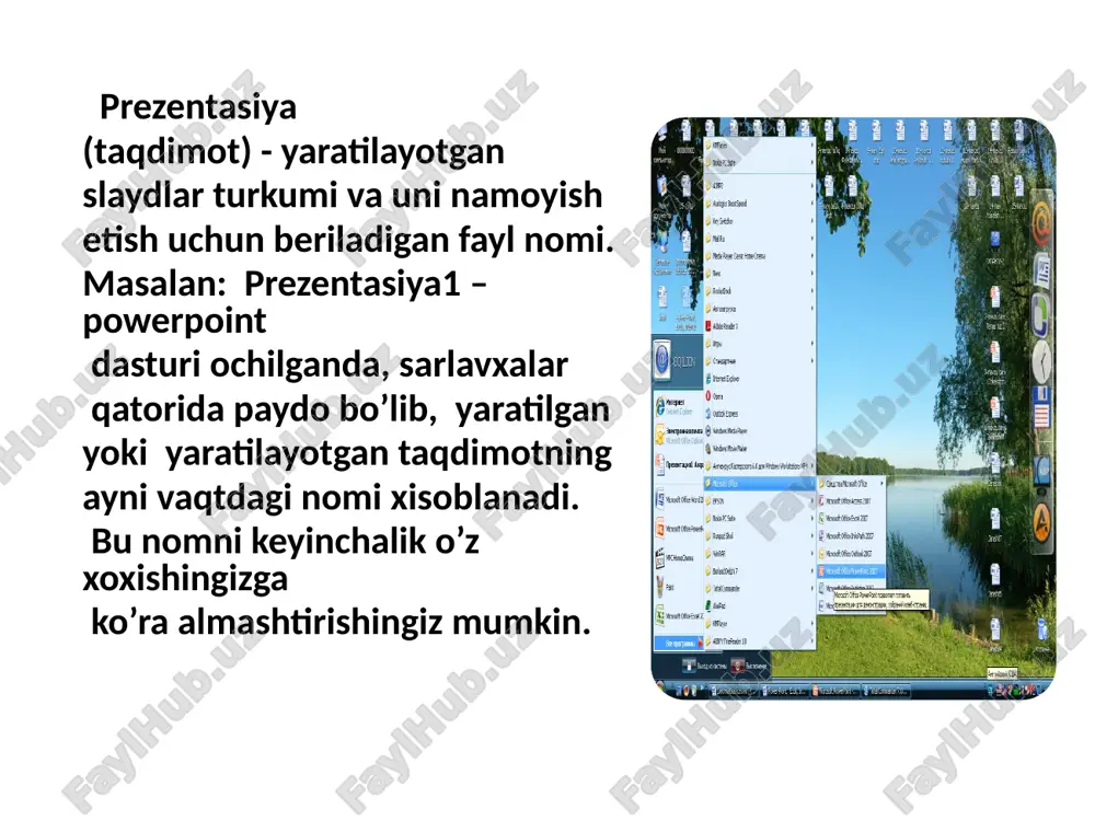 ekti. belgilarning namoyish ekranida ketma-ket uchib tushishini ta'minlaydi. slaydlar rejimida ishlash bu rejimda yangi slayd yaratish, uning belgisini o’zgartirish, slayd matnini terish, taxrir qilish, slaydlarni guruxlash, rang sxemasini o’zgartirish xamda maxsus fon yaratish mumkin. ushbu rejimda tayyorlangan slayddan bir namunani ko’rib turibsiz. · yangi slayd yaratish uchun darchaning standart uskunalar panelidagi (slayd yaratish) tugmachasi bosiladi. · slayd belgisi, turi, ko’rinishlarini o’zgartirish uchun darchaning standart uskunalar panelidagi (slaydni belgilash) tugmachasi bosiladi. · slaydlarning bezash ishlarini o’zgartirish uchun shu paneldagi primenit oformlenie (jixozlash ko’llanilsin) tugmasi bosiladi. slaydga matn kiritish va uni taxrir qilish 2 usulda amalga oshiriladi: 1) matn uchun ajratilgan maydonga sichqoncha ko’rsatkichi olib kelib bosiladi va kursor paydo bo’lgandan so’ng matn klaviatura orqali kiritiladi; 2) sichqoncha ko’rsatkichi "a" tugma (piktogramma)siga olib kelinib bosiladi va kerakli soxaga matn kiritiladi. aim.uz powerpoint dasturidagi qo’shimcha elementlar bilan ishlash rasm qo’yish. taqdimotga rasm qo’yish yoki rasmni boshqa taqdimotdan olib qo’yish mumkin. buning uchun quyidagi …
