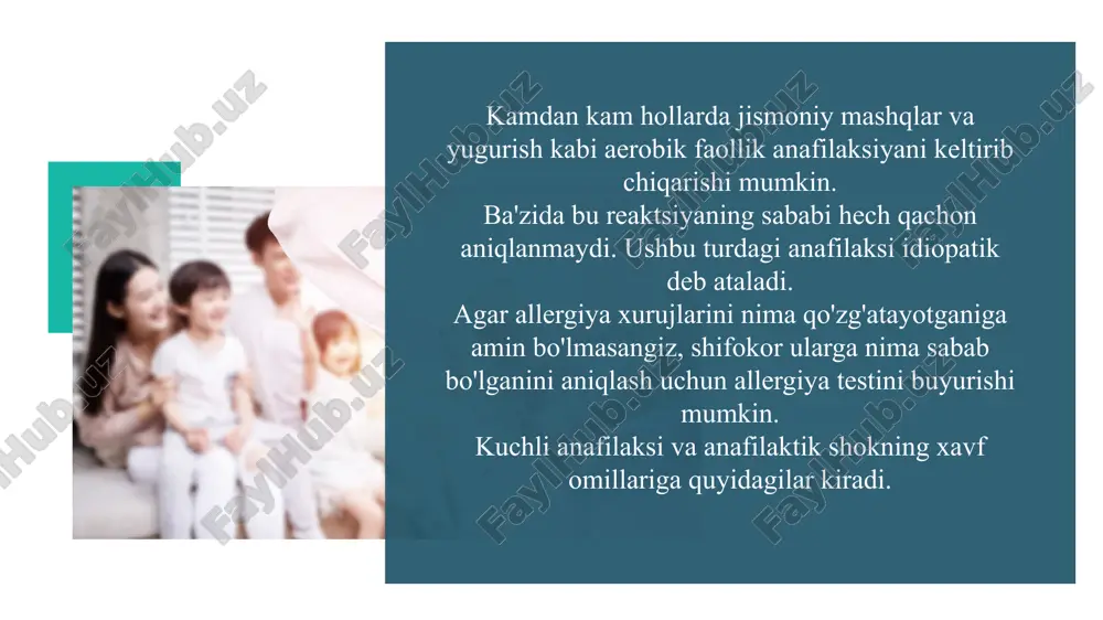 afas qisilishi va kuchsizlanish kuchayadi. ikkinchi daraja o'rtacha. anafilaktik shok uchun, bu holda, engil daraja bilan solishtirganda, batafsilroq klinik ko'rinish xarakterlidir. u quincke shishi bilan namoyon bo'ladi (bu inson organizmidagi toshmalar bilan kechadigan o'tkir allergik reaktsiya, to'qima shishi bilan birga keladi), yurak urishi, aritmiya, yurakdagi og'riq va qon bosimining pasayishi. bemorda ko'pincha kon'yunktivit va stomatit mavjud. bemorda hayajon, tashvish va qo'rquv hissi paydo bo'lishi mumkin e'tiboringiz uchun raxmat! 11 image1.jpeg image2.jpeg image3.jpeg image4.jpeg image5.jpeg image6.jpeg image7.jpeg