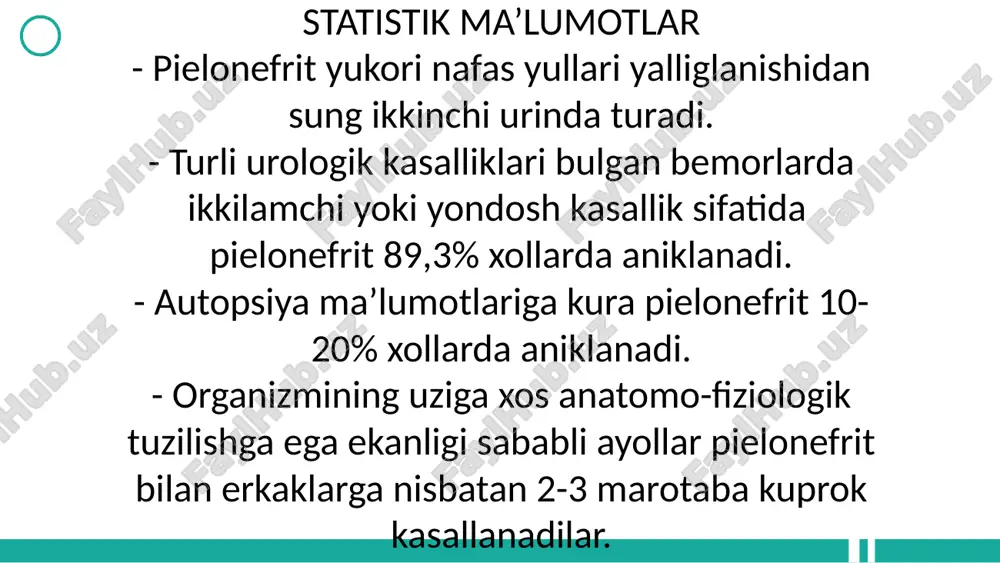 omaliya, kista va boshkalar). • asoratlanmagan: • buyrak ulchamlarining kattalashishi. • parenxima kalinligining oshishi. • parenxima exogenligining kamayishi. • buyrakning nafas olishdagi ekskursiyasining chegaralanishi. • kosa-jom tizimi kengay shunday kilib, radionuklid skannerlash: • buyrak parenximasida yallig'lanishning erta davrlarida aniqlash imkonini beruvchi usuldir. • buyrak funksional xolati xaqida 50-85% ishonchli informatsiya beruvchi usuldir. • «birinchi tartibdagi» tanlangan usullardan biridir. pielonefritning rentgenologik belgilari. • umumiy urogramma: • m.psoas konturining noaniqligi yoki ko'rinmasligi. • buyrak proeksiyasida diffuz qorong'ulashishning borligi. • buyrak atrofida “siyraklashuv xalqasining mavjudligi. • shikastlanish tomonida skolioz. • ekskretor urogramma: • kontrast modda ajralishining kechikishi. • kosacha-jom sistemasining noaniq ko'rinadi. ekskretor urografiya – ushbu usul siydik yo'llari infeksiyasi diagnostikasida kullanilishi disskusiya qilinmoqda. asosiy kamchiligi – kontrast moddaning nojo'ya ta’sirlari va nurlanish xavfi borligi. • siydik yo'llari kompyuterli tomografiyasining – qo'llanilishi cheklangan. differensial tashxislash • o'tkir pankreatit. • pastki lobar pnevmoniya. • qorin bo'shligi a’zolari o'tkir kasalliklari (o'tkir appenditsit, xoletsistit, divertikulit). • …
