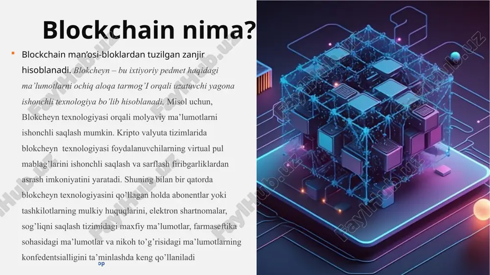 dida amalga oshiriladi.bunda har bir foydalanuvchi o’z bloklaridagi ma’lumotlarni ko’ra olishadi va ularni o’zgartirish huquqiga ham ega bo’ladi. shunday qilib, blokcheyn bloklariga yozilgan ma’lumotlar osongina tekshirilgan holda haqiyqiyligi osongina tasdiqlanadi, bu tarmoqdagi vositachi abonentlar yordamidan foydalanmaslikka imkoniyat yaratadi. 22.09.2020 годовой обзор ‹#› blokcheyn bloklari sarlavha va blok tanasidan tuuziladi. bloklardagi yozuvlar tizimi blok korpusi deb ataladi . bunda asosan bloklarning sarlavhasiga katta e’tibor berish lozim. sababi, yozuvlardagi asosiy maxfiy xabarlar shu blokning sarlavha qismida saqlanadi.blokcheyn zanjiridagi barcha bloklarni kalitlar yordamida biriktiradi, bunda, har bir blokning kaliti o’zidan keyingi har blokning sarlavhasiga qo’shib boriladi. bu juda muhim amallardan bo’lib, bir vaqtning o’zida blokning xavfsizligini va buzilmasligini kafolatlaydigan texnik yechim bo’lib hisoblanadi. block tuzilishi 22.09.2020 годовой обзор ‹#› xeshlash - bu xom ma'lumotni asl shakliga qaytara olmaydigan darajada shifrlash jarayoni. u ma'lumotni oladi va uni ochiq matnda matematik amallarni bajaradigan funksiya orqali o'tkazadi. bu funktsiya xesh-funksiya deb ataladi va chiqish xash qiymati/digest …
