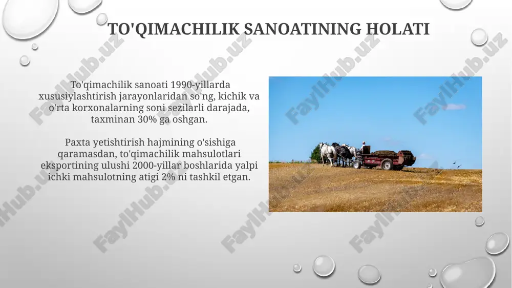 ishlab chiqarishni rivojlantirishga yordam beradi. mustaqillik yillarida kimyo sanoati mahsulotlari eksportining hajmi 5% dan 15% gacha oshdi, bu mamlakat iqtisodiyotiga valyuta tushumini ko'paytirdi. paxtachilik va don ekinlarining rivojlanishi don ekinlarining yetishtirilish maydonlari 1990-yillarga kelib sezilarli darajada kamayib, oziq-ovqat xavfsizligi masalasini yanada murakkablashtirdi, shu bilan birga qishloq xo'jaligining diversifikatsiyasi jarayonini sekinlashtirdi. davlat tomonidan qo'llab-quvvatlanishi natijasida 1980-yillarda sug'oriladigan yerlarning 70% dan ortig'ida paxta yetishtirildi, bu esa boshqa qishloq xo'jalik ekinlarining rivojlanishiga to'sqinlik qildi. neft-gaz sanoatining o'sishi gaz kimyosi sanoati rivojlanishi natijasida, mineral o'g'itlar ishlab chiqarish 20% ga o'sdi, bu o'z navbatida qishloq xo'jaligining samaradorligini oshirdi. neft-gaz quvurlarining uzunligi 1500 km dan oshib ketdi, bu esa neft va gazni qayta ishlash zavodlariga va eksportga yetkazishni ancha yaxshilashga imkon berdi. e'tiboringiz uchun rahmat @taqdimot_robot image3.png image4.jpg image5.jpg image6.jpg image7.jpg image8.jpg image9.jpg image10.jpg image11.jpg image12.jpg image13.jpg image14.jpg image15.jpg image1.png