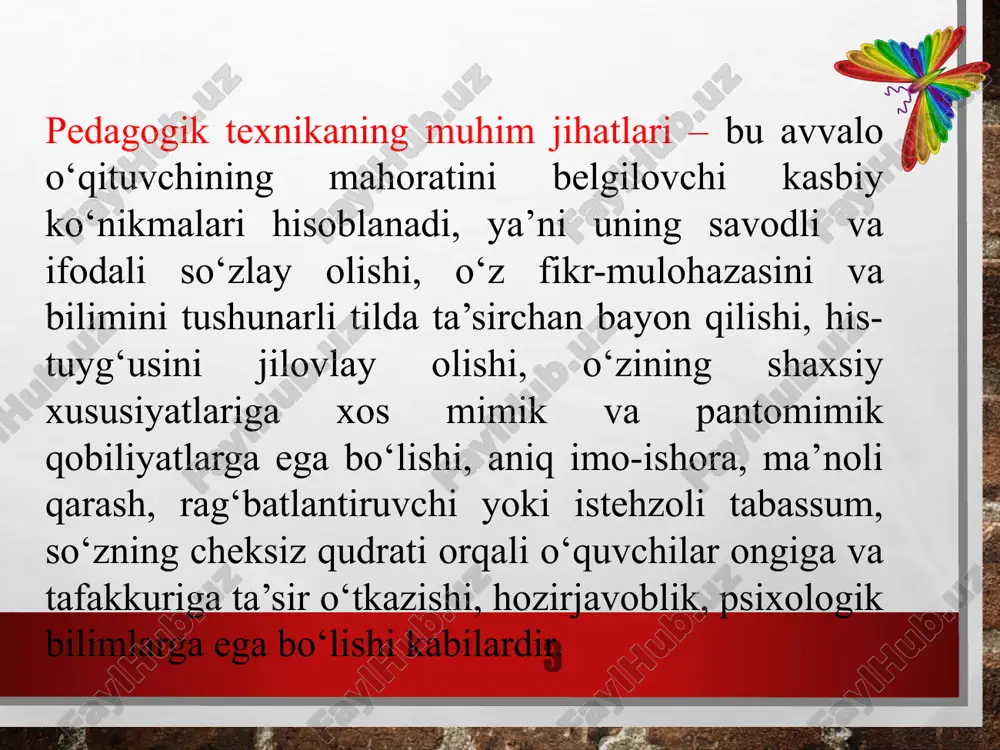 rning оlаyishi-qo’rqitish. 11 оdаmning ichki kеchinmаlаri hаqidа eng to’g’ri mа’lumоtni ko’zlаr nаmоyon qilаdi: ko’zning оdаtiy ifоdаsidаgi o’zgаrish; ko’zlаrning bеiхtiyor hаrаkаtlаri – hаyajоn, оriyat, yolg’оn, qo’rquv, аsаbiylаshuv; yonib turgаn nigоh – qizishish; qоtib qоlgаn nigоh – o’ygа cho’kkаnlik yoki hоlsizlik; qоrаchig’lаrning kаttаrishi qiziqish vа qаbul qilinаyotgаn ахbоrоtdаn, аtrоfdаgilаrdаn, tаоmdаn vа bоshqа shungа o’хshаsh оmillаrdаn qоniqish his etаyotgаnligi yoki qаttiq оg’riq: mа’lum dоri-dаrmоn yoki nаrkоtik qаbul qilgаnligi; qоrаchiqlаrning kichrаyishi – g’аzаblаnish yoki mа’lum turdаgi nаrkоtiklаrni qаbul qilgаnligi vа bоshqаlаr. 12 pedagogik texnikani egallashning asosiy yo‘llari o‘qituvchining ma­la­ka oshirish kurslariga ishtiroki ustoz murabbiylar rahbarligidagi mash­g‘ulotlar (ulardan pedagogik texnika sirlarini o‘rganish) mustaqil (kasbiy jihatdan o‘z-o‘zini tarbiyalash) ishlashdir. 13 pedagogik texnika ko‘nikma va malakalarini egallash individual-shaxsiy salohiyat ekanli­gini hisobga olib, pedagogik texnikani egallashda va uni takomil­lash­tirishda kasbiy jihatdan o‘z-o‘zini tarbiyalash, ya’ni talabalik yillarida o‘zida tajribali o‘qituvchilarning shaxsiy fazilatlarini va kasbiy mala­kalarini shakllantirishga qaratilgan faoliyat yetakchi rol o‘ynaydi, deb ay­tish mumkin. kasbiy ideal sari intilishda bu …
