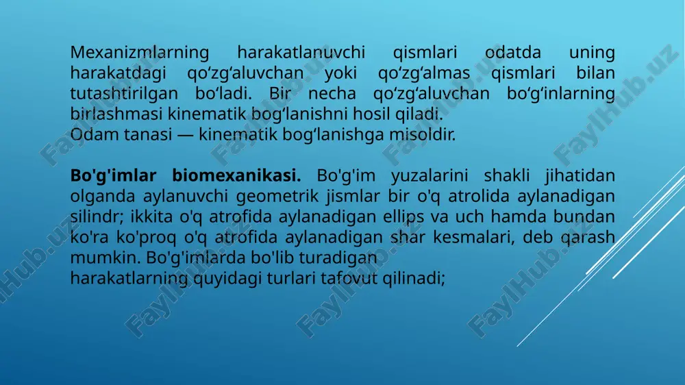 a bilak ichkariga burash — pronatsiya harakati bilan tashqariga burash — supinatsiya harakatini bajaradi). 2. g'altaksimon yoki chig'irsimon bo'g'im (masalan, barmoqlar falangaaro bo'g'imlari) bunday bo'g'imda frontal o'q atrofida harakatlar bo'lib turadi (bukish va yozish). ikki o'qli bo'g'imlar. 1. ellipssimon bo'g'im (masalan, bilak-kaft, ya'ni bilakuzuk bo'g'imi), bunda bir-biriga tik ikkita gorizontal o'q atrofida: frontal o'q bilan (bukish va yozish) sagittal o'q atrofida (uzoqlashtirish va yaqinlashtirish) harakatlar bo'lib turadi. 2. do'ngli bo'g'im (masalan, tizza bo'g'imi). 3. egarsimon bo'g'im (masalan, i barmoqning kaft usti kaft bo'g'imi); bunday bo'g'imda bir-biriga tik ikki o'q atrofida: frontal o'q bilan (bukish va yozish) sagittal o'q atrofida (uzoqlashtirish va yaqinlashtirish) harakatlari bo'lib turadi. ko'p o'qli bo'g'imlar. 1. sharsimon bo'g'imlar (masalan, yelka bo'g'imi). bularda bir-biriga tik bo'lgan va boshchasining markazida bir-biri bilan kesishadigan uchala asosiy o'q tafovut qilinadi. sharsimon bo'g'im barcha bo'g'imlarning eng erkini hisoblanib, unda oldinga va orqaga bukish, uzoqlashtirish va yaqinlashtirish, ichkariga va tashqariga aylantirish harakatlari bo'lib …