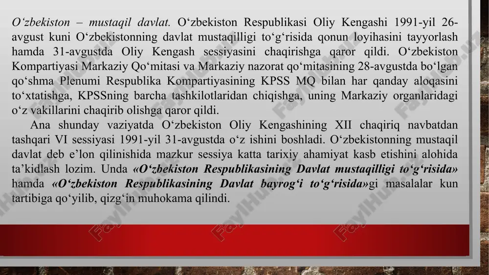 lgan hollarda mazkur qonunga amal qilinsin», – deb belgilab qo‘yildi. o‘zbekistonning bozor munosabatlariga o‘tish yo‘liga doir islom karimov tomonidan ishlab chiqilgan besh tamoyil: 1. iqtisodning siyosatdan ustunligi, uni mafkuradan holi etish. 2. davlat bosh islohotchi va iqtisodiy o‘zgarishlarning tashabbuskori. 3. qonun ustuvorligi, qonun oldida hammaning tengligi. 4. kuchli ijtimoiy siyosat yuritish, aholining muhtoj tabaqalarini ijtimoiy himoyalashning ustuvorligi. 5. bozor iqtisodiyotiga bosqichma-bosqich, izchil ravishda o‘tish kabilar asos qilib olindi. ushbu tamoyillar asosida o‘zbekistonning o‘ziga xos taraqqiyot yo‘li nazariy va amaliy jihatdan puxta belgilab olindi. bu barcha tamoyillar demokratik va iqtisodiy qayta o‘zgartishlar jarayonlarini muvaffaqiyatli amalga oshirish uchun hal qiluvchi ahamiyat kasb etib, hayot sinovidan o‘tdi. umumxalq referendumi. o‘zbekiston erishgan istiqlolni mustahkamlash uchun, avvalo, xalqning fikrini bilish, mustaqillikka munosabatini aniqlash zarur edi. shu maqsadda 1991-yilning 18-noyabrida o‘zbekiston respublikasi oliy kengashining viii sessiyasi «o‘zbekiston respublikasi referendumini o‘tkazish to‘g‘risida» qaror qabul qildi. qarorda quyidagilar belgilandi: 1991-yil 29-dekabr, yakshanba kuni o‘zbekiston respublikasining davlat mustaqilligi to‘g‘risidagi …