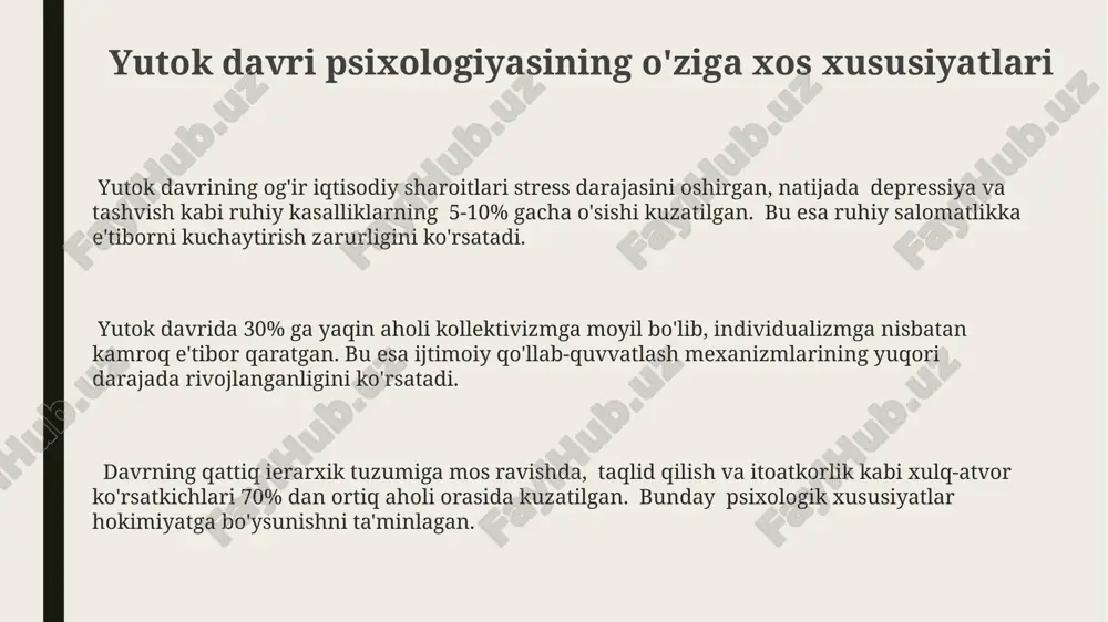 ли усулларидан бири – кунига камида 15 дақиқа медитация қилиш ёки танаффус қилиш бўлиб, бу стресс гормонлари даражасини пасайтиради. ютук давридаги стресс билан курашиш учун 80% одамлар спорт билан шуғулланишни, яъни жисмоний машқларни тавсия қилишади, чунки бу эндорфин ишлаб чиқаришни рағбатлантиради. oila va tarbiya psixologiyasi yutok davri bolalarining o'rtacha intellektual rivojlanish ko'rsatkichlari (iq) 70-100 oralig'ida bo'lib, bu davr ijtimoiy-iqtisodiy sharoitlarning ta'sirini aks ettiradi. yutok davri oila va tarbiya psixologiyasida 3 yoshgacha bo'lgan bolalarda asosiy ehtiyojlarning (ovqat, xavfsizlik, muhabbat) qondirilish darajasi shaxsning keyingi rivojlanishiga katta ta'sir ko'rsatgani kuzatilgan. oilaviy munosabatlarning 4ta asosiy turi (demokratik, avtoritar, liberal, beparvo) yutok davri oilalarida farqlanib, turli xil psixologik natijalarga olib kelganini tadqiqotlar ko'rsatmoqda. yutok davri insonining qadriyatlari va e'tiqodi yutok davri mafkurasi, tabiatga sig'inish va ota-bobolarga hurmat kabi animistik e'tiqodlarga asoslangan bo'lib, yovvoyi hayvonlar va tabiiy hodisalarni 20 dan ortiq ruhoniylar tomonidan boshqariladigan marosimlar orqali xotirjamlashtirishga urinishgan. yutok davri insonlari uchun oilaviy qadriyatlar, 7 avlodga …