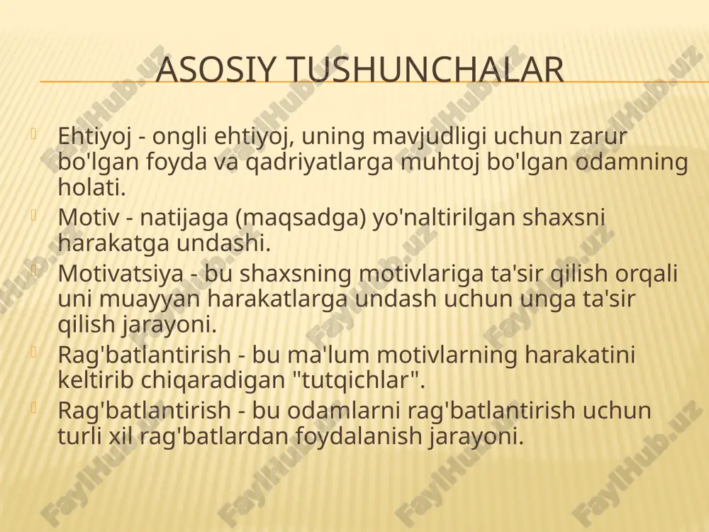 rish jarayoni ikki xil jarayondir. ikki omil nazariyasi f. gertsberg rag'batlantiruvchi omillar - motivatorlar (qoniqishga ta'sir qiladi): yutuq, e'tirof, mas'uliyat, yuksalish, ishning o'zi, o'sish imkoniyati "salomatlik" omillari - "gigienik omillar" (norozilikka ta'sir qiladi ): ish haqi, ish joyidagi xavfsizlik, mehnat sharoitlari (konfor, yorug'lik, shovqin), holat, qoidalar, ish tartibi va tartibi, boshqaruv nazorati sifati, hamkasblar va qo'l ostidagilar bilan munosabatlar f. gertsberg ishini boyitish kontseptsiyasi avtonom guruhlar - ishni brigada tashkil etish aylanish - kun, hafta davomida funktsiyalarni o'zgartirish moslashuvchan jadval - ishning boshlanishi va oxirini tanlash qobiliyati makrorotatsiya - ish o'tkazmalari tegishli kasblarni egallash yarim kunlik ish - bir nechta ishlarda ishlash kompensatsion usullar (muloqotni qayta tashkil etish, funktsional musiqa, ishlab chiqarish gimnastikasi) ishtirokchi boshqaruv - boshqaruv qarorlarini qabul qilishda ishtirok etish uchun oddiy xodimlarni jalb qilish test: "etakchi ehtiyojlar" savollar: + / - 1. siz shaxsan paydo bo'lgan muammolarga yechim topishingiz kerak bo'lgan vaziyatlarni yoqtirasizmi ? 2. o'rtacha, muvozanatli …