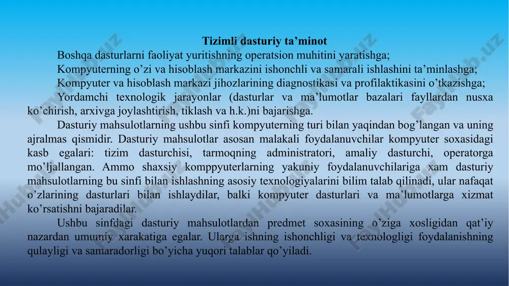 larni ishlab chiqish jarayoning quyidagi ta’riflari bo’yicha amalga oshiriladi: xotirani boshqarish (o’natilayotgan kenglikning eng katta hajmi, xotiraning turlari, xotiradan foydalanishning texnik ko’rsatkichlari); operatsion tizim tarkibidagi yordamchi dasturlar (utilit)ning vazifaviy imkoniyatlari; disk kompressiyasining mavjudligi; fayllarni arxivga joylashtirish imkoniyatlari; ishning ko’p vazifasi tartibini to’xtatib turish; tarmoqli dasturiy ta’minotni to’xtatib turish; sifatli hujjatlarning mavjudligi; instollyatsiya jarayoning sharoitlari va murakkabligi. /docprops/thumbnail.jpeg
