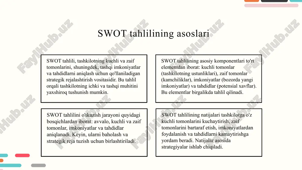 hdidlarni aniqlashga yordam beradi. swot tahlilidan foydalanish jarayoni: 1. ma'lumotlar to'plash; 2. tahlil natijalariga asoslangan strategik qarorlar qabul qilish; 3. reja ishlab chiqish va harakatlarni kuzatish. bu jarayon tashkilotning raqobatbardoshligini oshirishga yordam beradi. photo by mohammad rahmani on unsplash qiymat zanjiri tushunchasi qiymat zanjiri - bu bir mahsulot yoki xizmatni yaratish jarayonida ishtirok etuvchi barcha faoliyatlar to'plami. qiymat zanjirining asosiy elementlari: - xom ashyo ta'minoti: materiallar va resurslar qanday ta'minlanadi. - ishlab chiqarish jarayoni: mahsulotni ishlab chiqarish uchun zarur bo'lgan jarayonlar. - marketing va sotish: mahsulotni bozorga chiqarish va sotish strategiyalari. - mijozlarga xizmat ko'rsatish: mahsulotdan keyingi xizmatlar va mijozlar bilan ishlash. qiymat zanjiri samaradorligi raqobatbardoshlik va foydalilikka ta'sir ko'rsatadi. samarali qiymat zanjiri tashkilotning bozor o'rnini mustahkamlashga yordam beradi. * qiymat zanjirining bosqichlari qiymat zanjiri quyidagi asosiy bosqichlardan iborat: 1. xom ashyo ta'minoti: bu bosqichda sifatli xom ashyo ta'minoti muhim. masalan, mahsulotni ishlab chiqarish uchun kerakli materiallar sifatining yuqori bo'lishi …