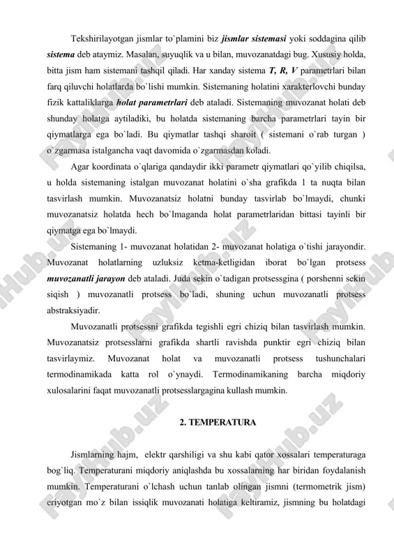 uchun tanlab olingan jismni (termometrik jism) eriyotgan mo`z bilan issiqlik muvozanati holatiga keltiramiz, jismning bu holatdagi temperaturasini 0 gradus deb olamiz va jismning temperaturasini o`lchash uchun biz qo`llamoqchi bo`lgan xossasini (temperatura belgisini) miqdoriy jihatdan xarakterlaymiz. bunday belgi sifatida jismning hajmi tanlab olingan va uning 0° dagi qiymati v0 ga teng deb faraz qilamiz. so`ngra usha jismning o`zini atmosfera bosimi ostida kaynayotgan suv bilan issiqlik muvozanati holatiga keltiramiz, bu holatda uning temperaturasi 100° ga teng deb olamiz va unga mos keladigan v100 hajmni aniqlaymiz. bu tanlab olgan temperatura belgisi (bu misolda — hajm) temperatura o`zgarishi bilan chiziqli o`zgaradi deb hisoblab, termometrik jismning hajmi v bo`lgan holatda uning temperaturasi quyidagiga teng bo`ladi deb yozish mumkin. shu tariqa topilgan temperatura shkalasi ma`lumki, selsiy shkalasi deb ataladi. temperaturani o`lchash uchun hajm emas, balki biror boshqa belgi olinganda ham yuqoridagiga o`xshash fikrni aytish mumkin. temperaturani aytib o`tilgan usul bilan darajalab olib, undan temperaturani o`lchash uchun …