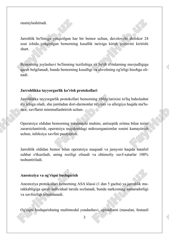 i qat'iy nazorat qilinadi, bunda havodagi zarrachalar soni iso 5 standartiga muvofiq bo'lishi va barcha asboblar avtoklavdan o'tgan bo'lishi shart. bemorni operatsiyaga tayyorlashda terini antiseptik eritma bilan kamida 3 marta tozalash va operatsiya joyini steril sochiqlar bilan qoplash kabi qat'iy protokollar mavjud. har bir jarrohlik amaliyoti uchun operatsiyadan oldin va keyin hisobot tayyorlanadi, unda ishlatilgan materiallar soni va bemorning ahvoli kabi 20 dan ortiq parametr qayd etiladi. operatsiya xonasida xavfsizlik protokollari operatsiya xonasida yong'in xavfsizligi protokoli mavjud bo'lib, unda tez evakuatsiya qilish uchun kamida 2 ta chiqish yo'li va o't o'chirgichlar har 100 kvadrat metrga joylashtiriladi. sterillikni saqlash uchun operatsiya xonasi hepa filtrlari orqali havo bilan ta'minlanadi va xodimlarning qo'llari operatsiyadan oldin kamida 3 daqiqa davomida antiseptik bilan yuviladi. barcha elektr jihozlari xavfsizlik standartlariga javob berishi kerak, elektr zanjirlari har 6 oyda tekshiriladi va erga ulash tizimi mavjud bo'lishi zarur. jarrohlikdan keyingi parvarish va kuzatuv jarrohlikdan keyingi parvarishda og'riqni baholash …