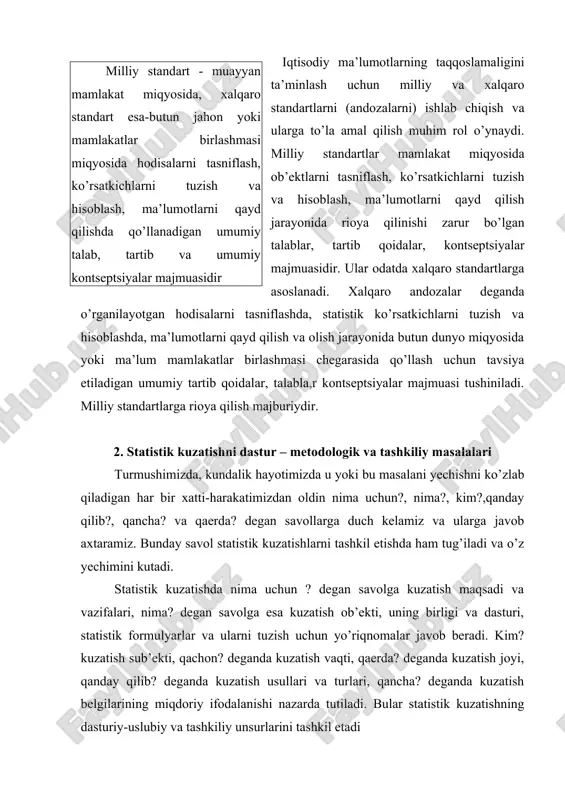atish vaqti, qaerda? deganda kuzatish joyi, qanday qilib? deganda kuzatish usullari va turlari, qancha? deganda kuzatish belgilarining miqdoriy ifodalanishi nazarda tutiladi. bular statistik kuzatishning dasturiy-uslubiy va tashkiliy unsurlarini tashkil etadi kuzatish ob’ekti - bu o’rganilayotgan hodisalar va jarayonlar, ya’ni korxonalar va tashkilotlar, xo’jaliklar, kishilar, oilalar, uy xo’jaliklari, va hokazolarni ularning faoliyati jihatidan qaralgan to’plami. ularning muhim belgilari haqida ma’lumotlar to’planadi va ular asosida to’plamni ta’riflaydigan umumlashtiruvchi ko’rsatkichlar hisoblanadi. kuzatish ob’ektining aniq miqyosini, ko’lamini belgilayotganda vaqt, fazo, moddiy tuzilish va o’lchov birligi jihatidan uning o’lchamlarini aniqlashimiz lozim. kuzatish sub’ekti - bu o’rganilayotgan hodi-salar haqidagi ma’lu-motlarni qayd qiluvchi va to’plovchi yuridik yoki jismoniy shaxs kuzatish ob’ekti bilan bir qatorda uning sub’ekti mavjud. kuzatish sub’ekti deb o’rganilayotgan hodisalar haqidagi ma’lumotlarni qayd qiladigan va to’playdigan yuridik yoki jismoniy shaxslar yuritiladi. mikroiqtisodiy statistikada, masalan, kuzatish sub’ekti - bu har bir korxona, tashkilot va muassasa. xo’jalik yurituvchi sub’ekt sifatida ular o’z faoliyatlaridagi hodisalarni qayd qiladi, ma’lumotlar …